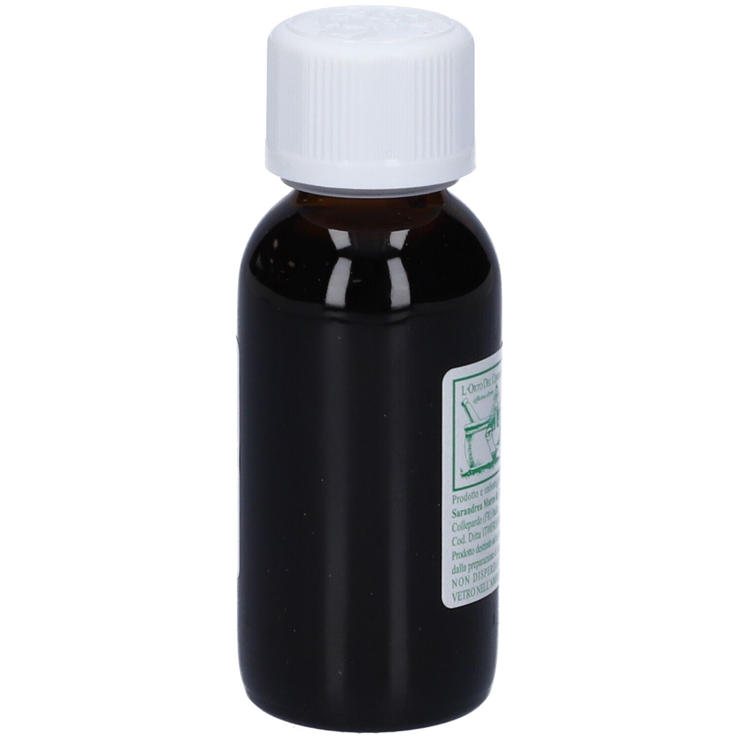 Flacone di vetro marrone con tappo bianco. Etichetta: Olivo, 60 ml, soluzione. Logo mortaio. Ingredienti: acqua, alcool, foglie di olivo.