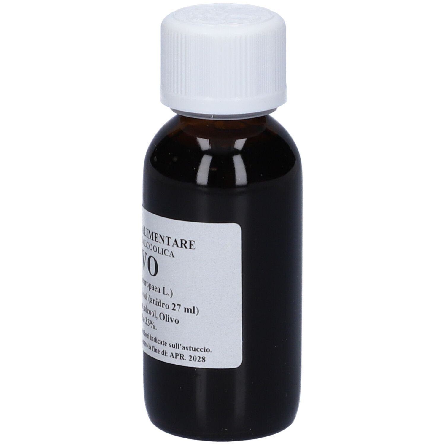 Flacone di vetro marrone con tappo bianco. Etichetta: Olivo, 60 ml, soluzione. Ingredienti: acqua, alcool, foglie di olivo.
