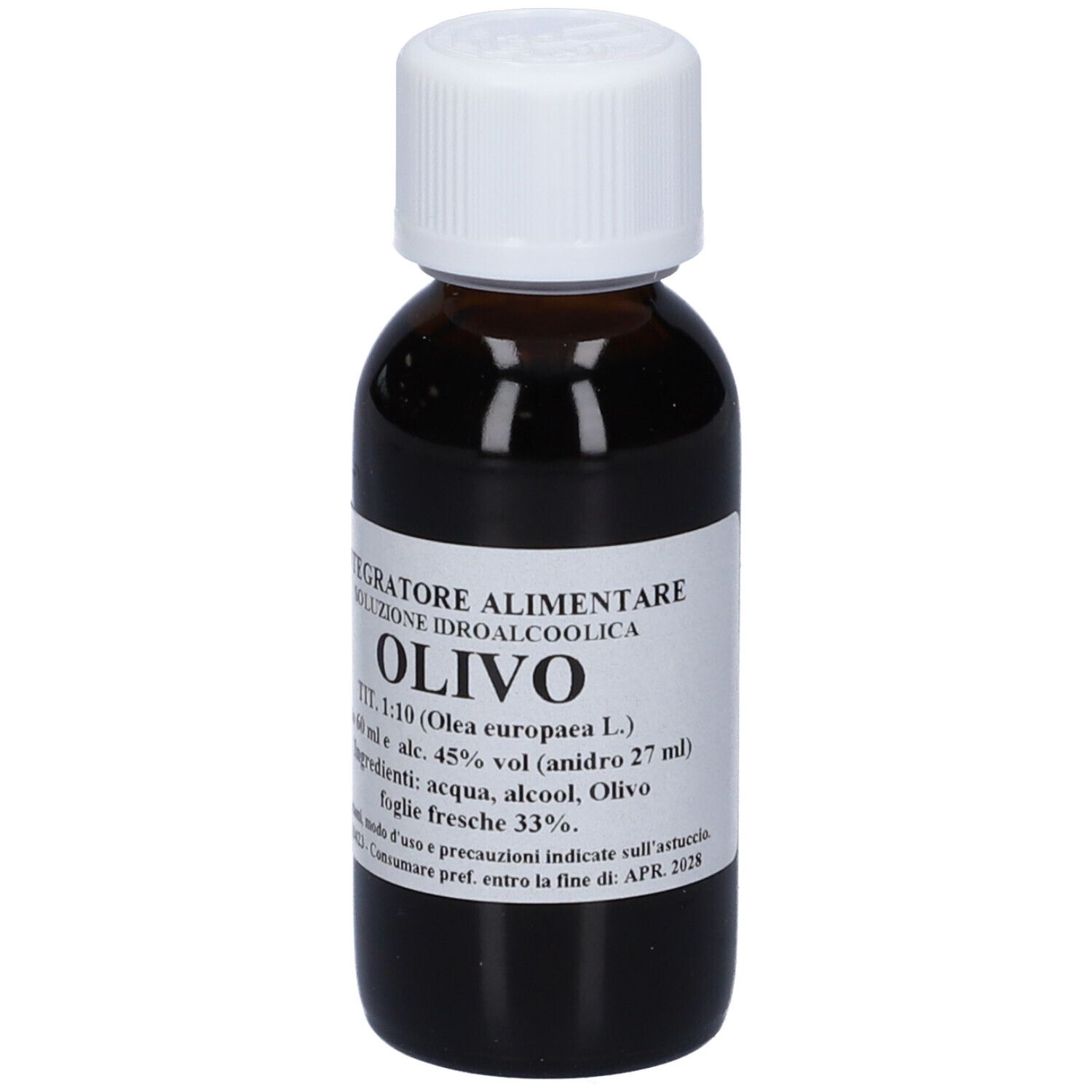 Flacone di vetro marrone con tappo bianco. Etichetta: Olivo, 60 ml, soluzione. Ingredienti: acqua, alcool, foglie di olivo.