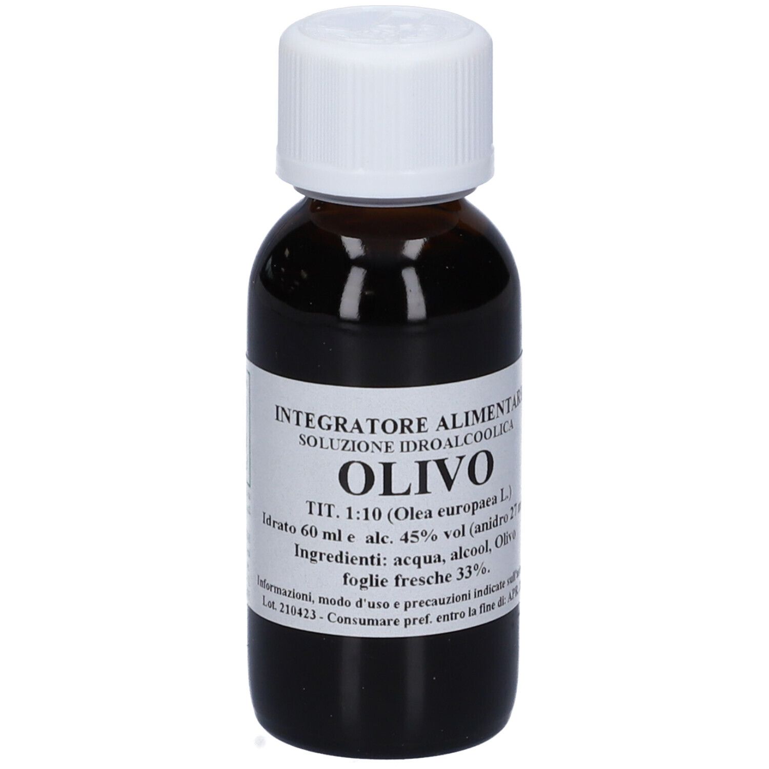 Flacone di vetro marrone con tappo bianco. Etichetta: Olivo, 60 ml, soluzione. Ingredienti: acqua, alcool, foglie di olivo.