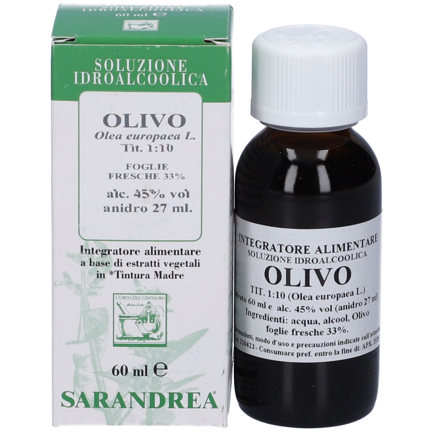 Flacone di vetro marrone e scatola verde. Scatola: Olivo, 60 ml, soluzione. Flacone: Olivo, 60 ml, soluzione. Logo mortaio.