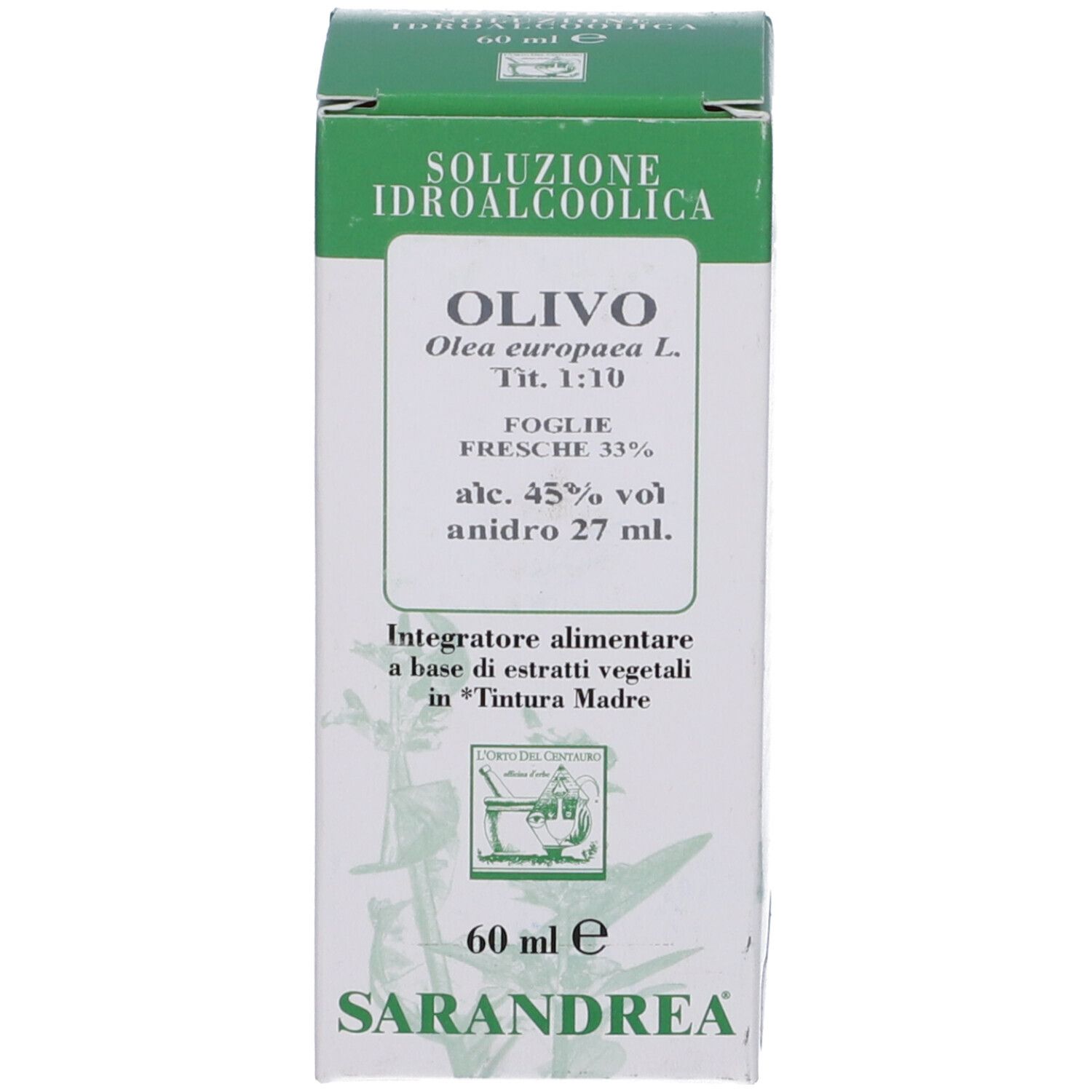 Scatola verde con testo: Olivo, 60 ml, soluzione. Logo mortaio. Ingredienti: acqua, alcool, foglie di olivo. Marchio: Sarandrea.