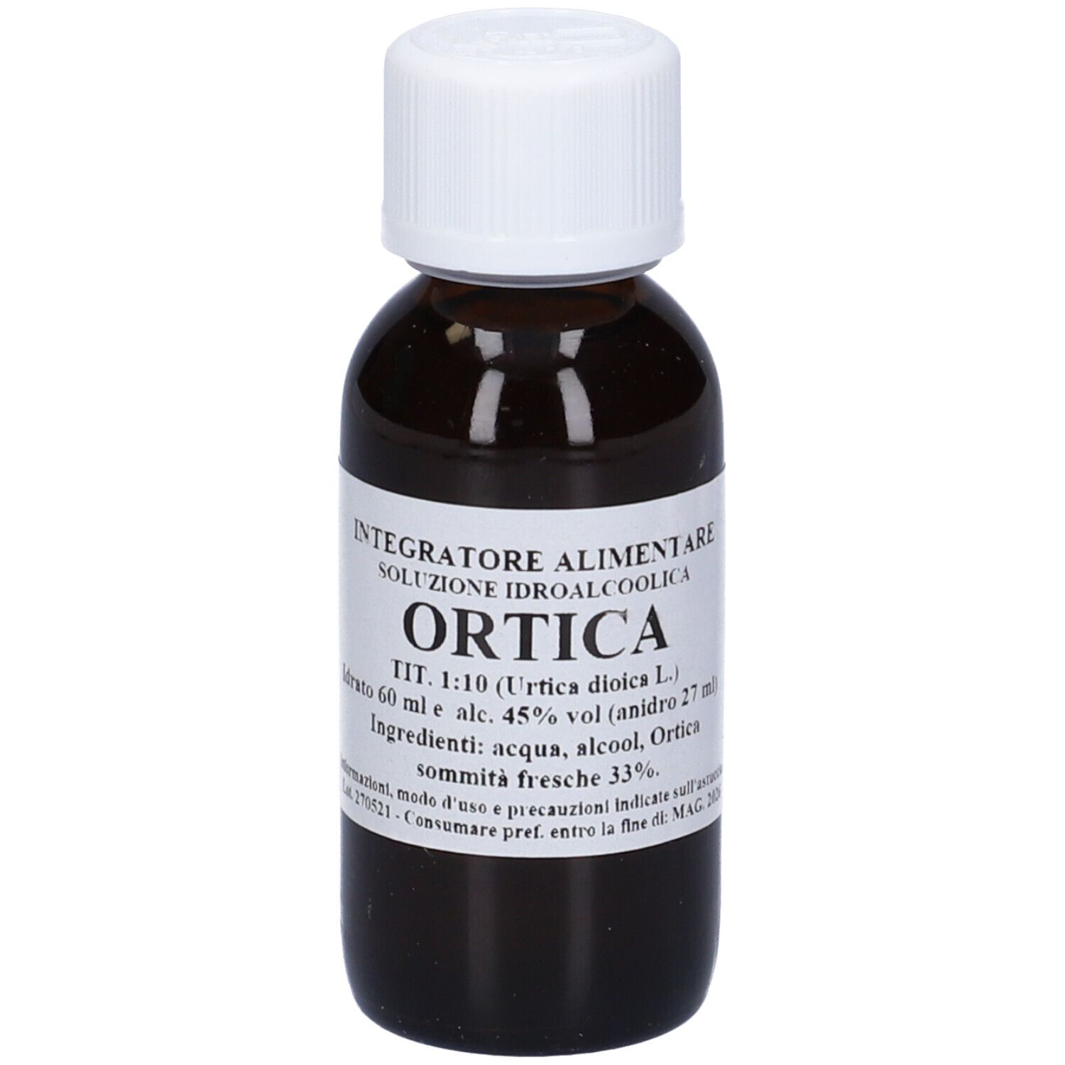 Flacone di vetro marrone con tappo bianco ed etichetta. L'etichetta riporta 'Ortica'.