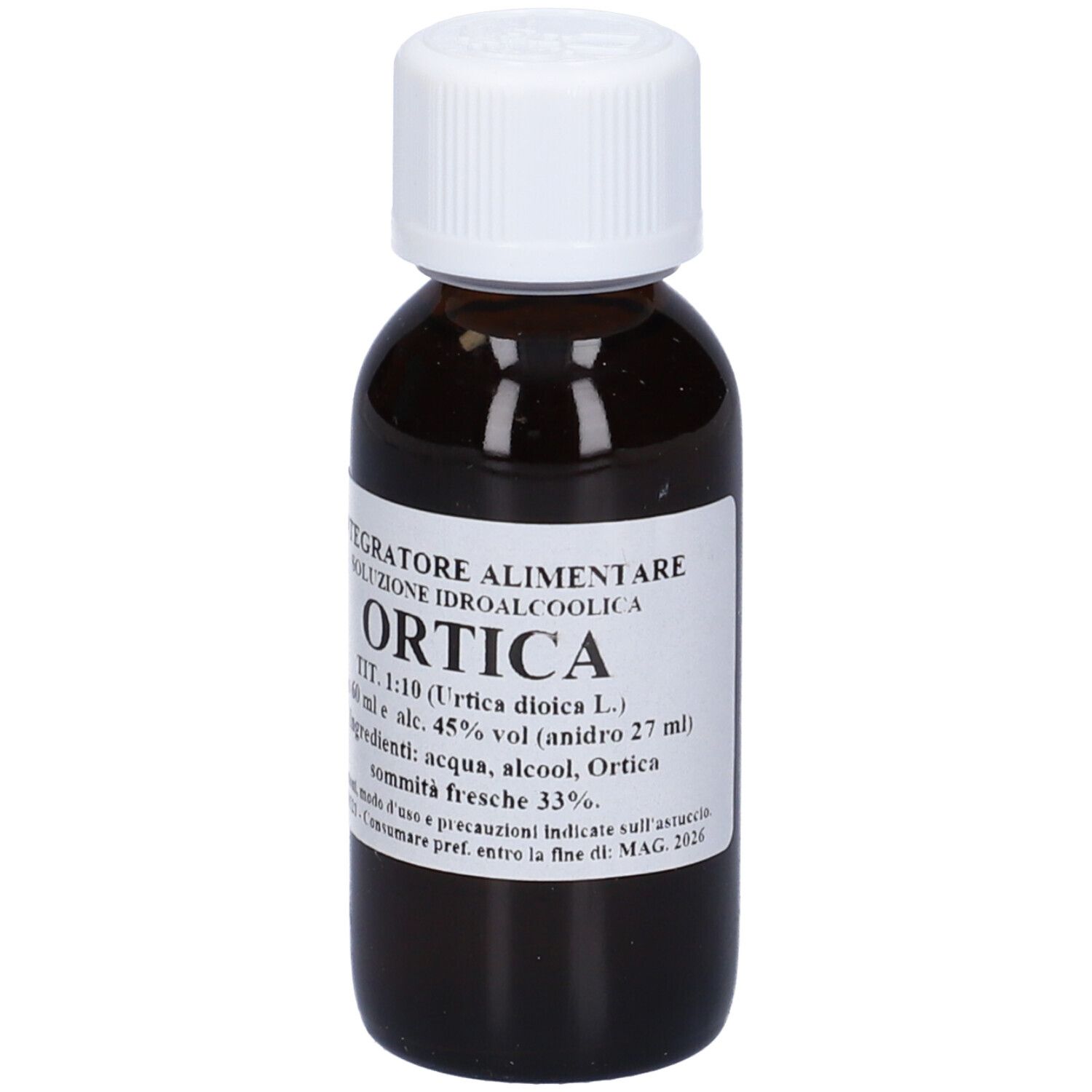 Flacone di vetro marrone con tappo bianco ed etichetta. L'etichetta riporta 'Ortica'.
