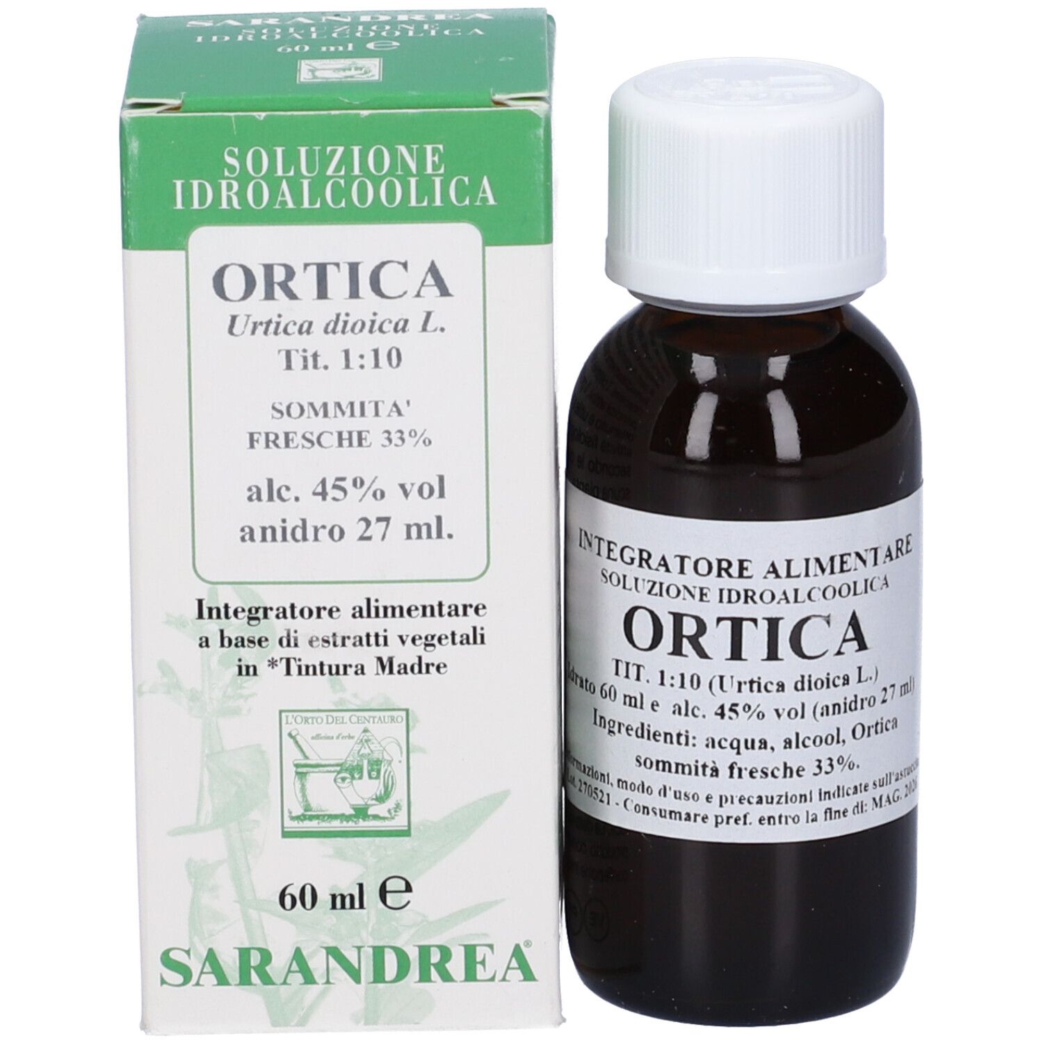 Flacone di vetro marrone con tappo bianco ed etichetta, accanto a scatola verde. 'Ortica' sull'etichetta.