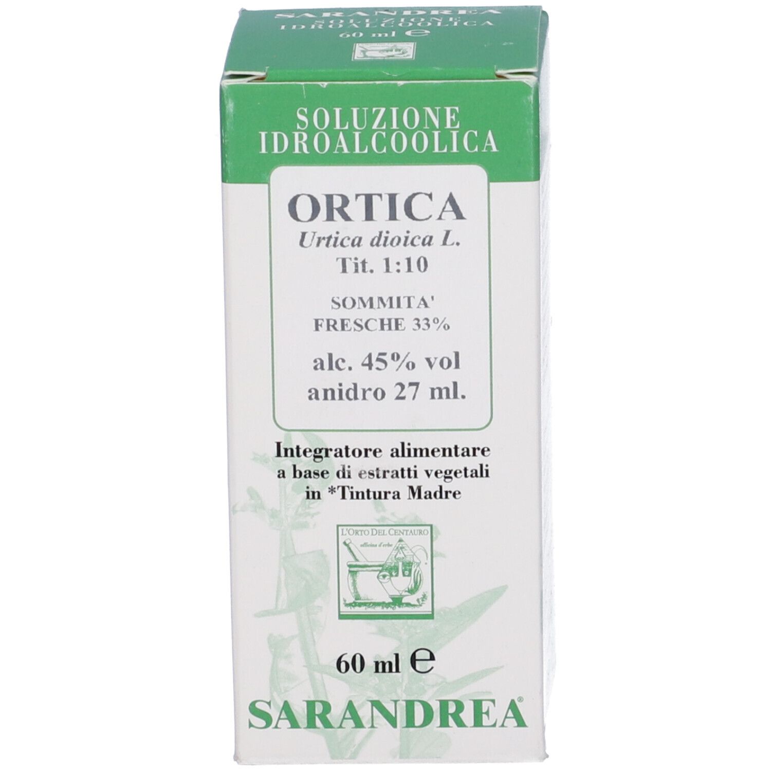 Scatola verde con informazioni sul prodotto. 'Ortica' sulla parte anteriore.