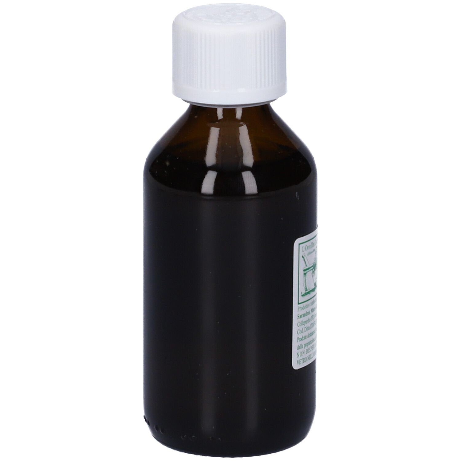 Flacone di vetro marrone con tappo bianco. Etichetta con testo. Scritta: PARTE...