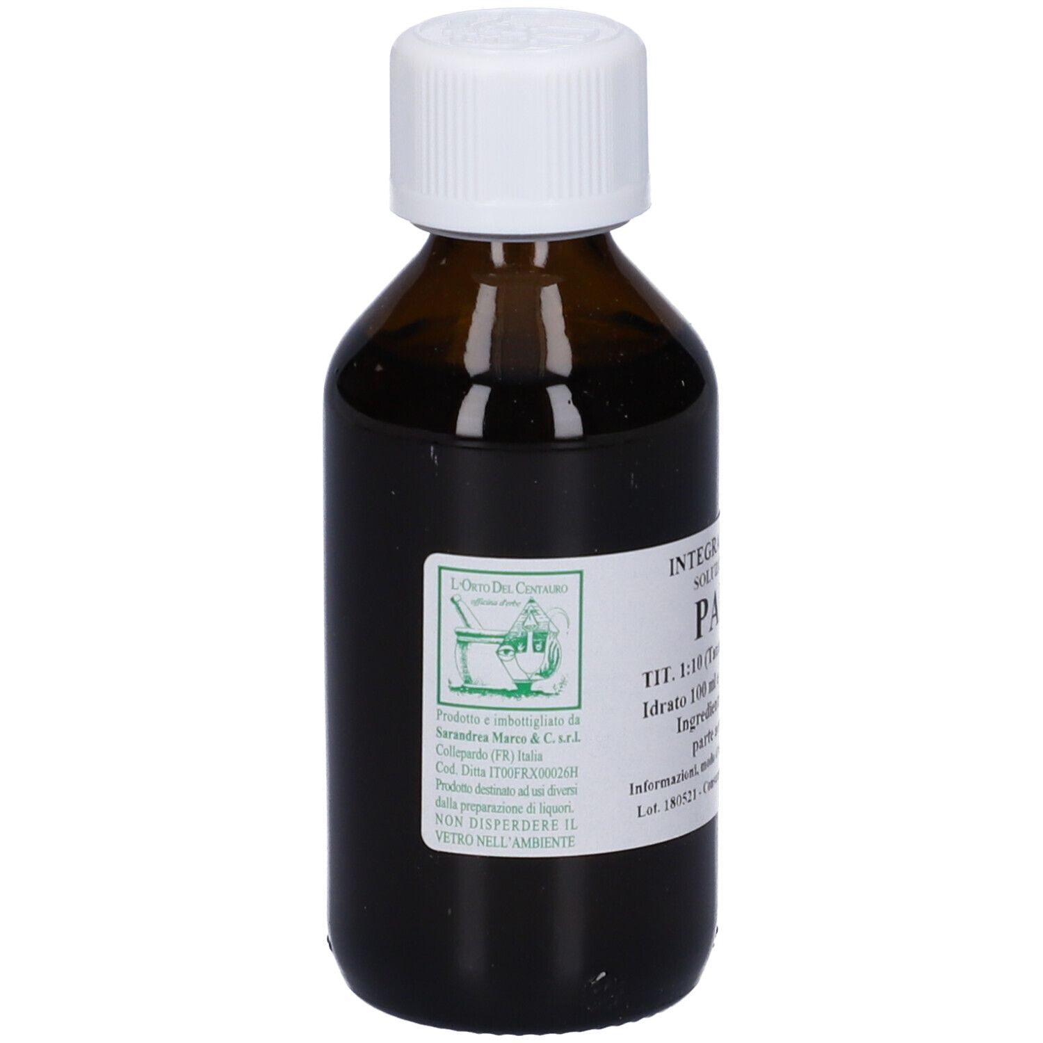 Flacone di vetro marrone con tappo bianco. Etichetta con testo. Scritta: PARTE...