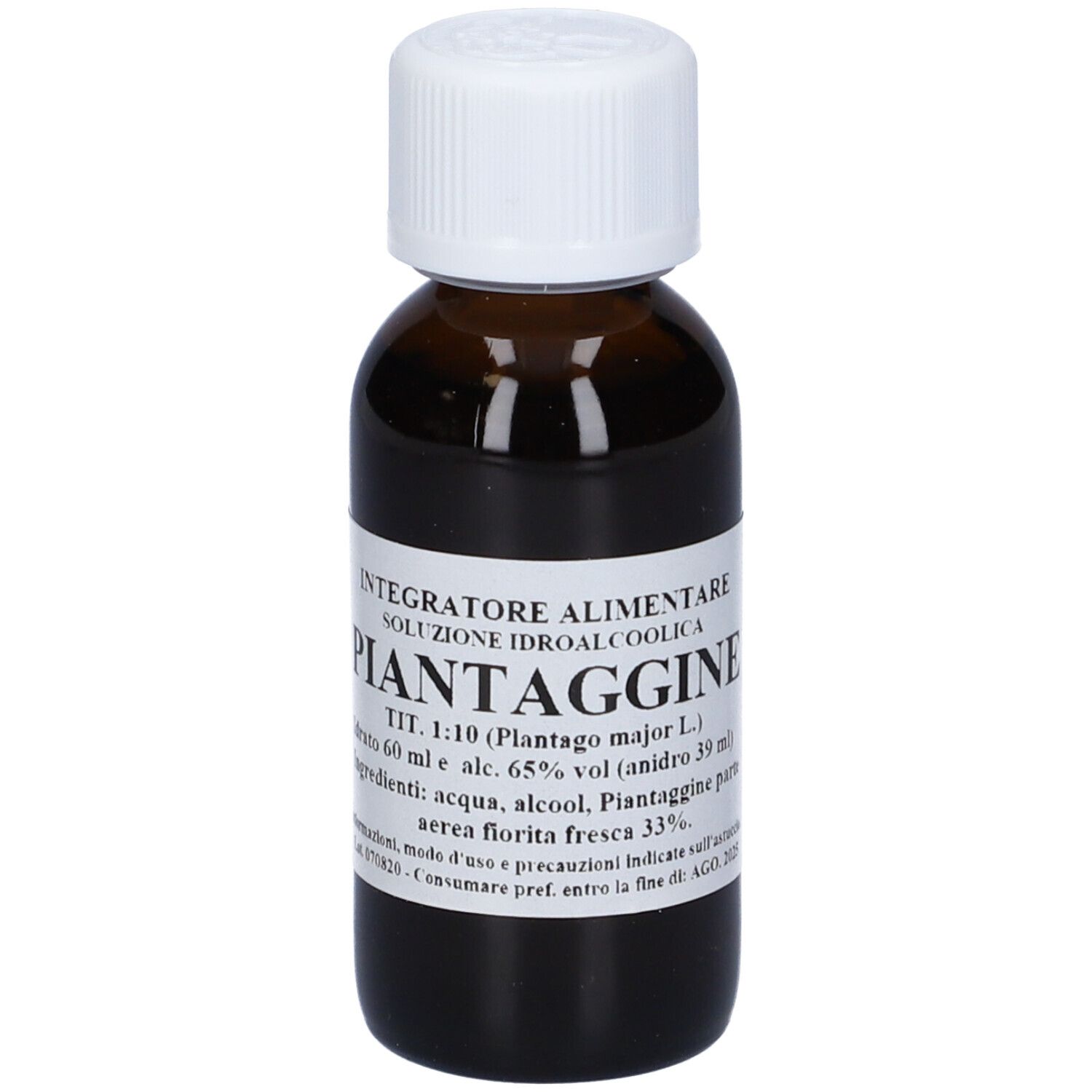 Flacone di vetro marrone con tappo bianco ed etichetta. Scritta: Piantaggine, 60 ml, 65% vol.