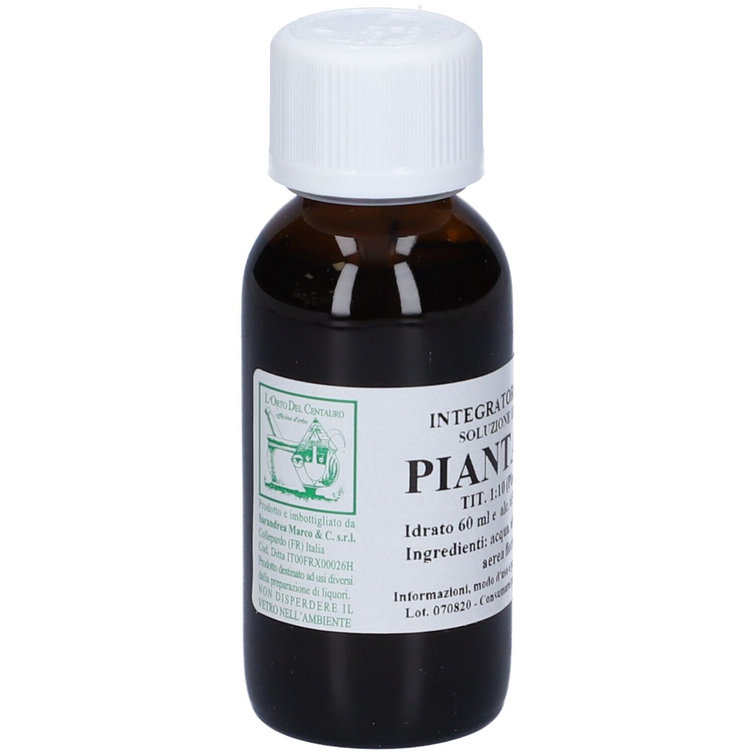 Flacone di vetro marrone con tappo bianco ed etichetta. Scritta: Piantaggine, 60 ml, 65% vol.