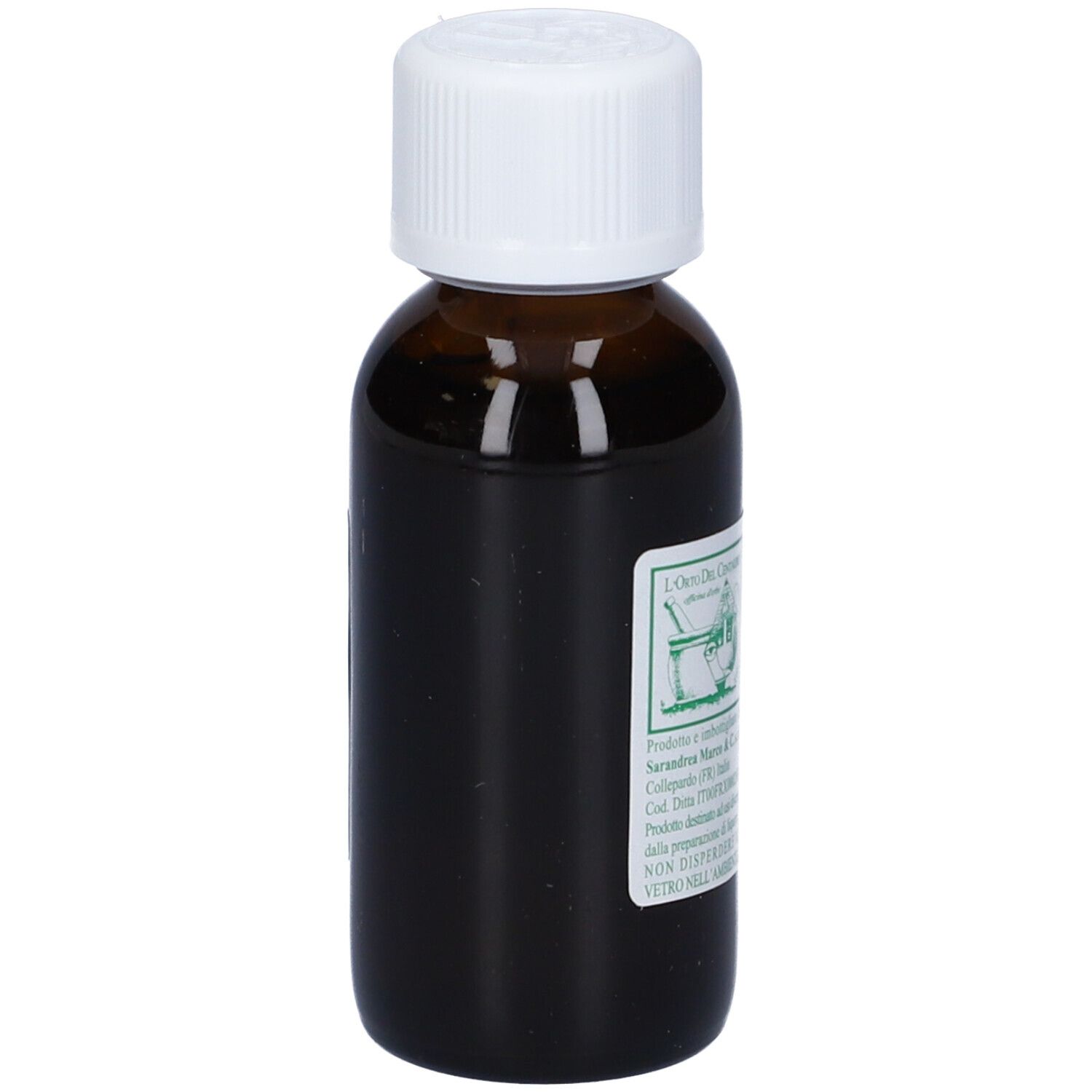 Flacone di vetro marrone con tappo bianco ed etichetta. Scritta: Piantaggine, 60 ml, 65% vol.