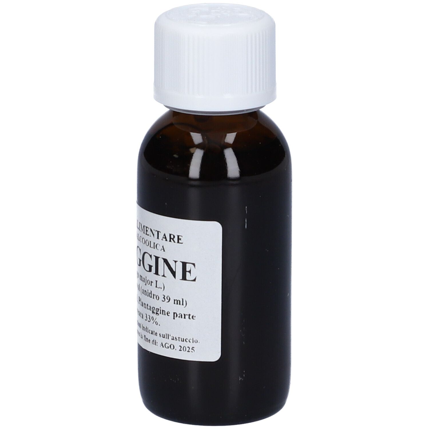 Flacone di vetro marrone con tappo bianco ed etichetta. Scritta: Piantaggine, 60 ml, 65% vol.