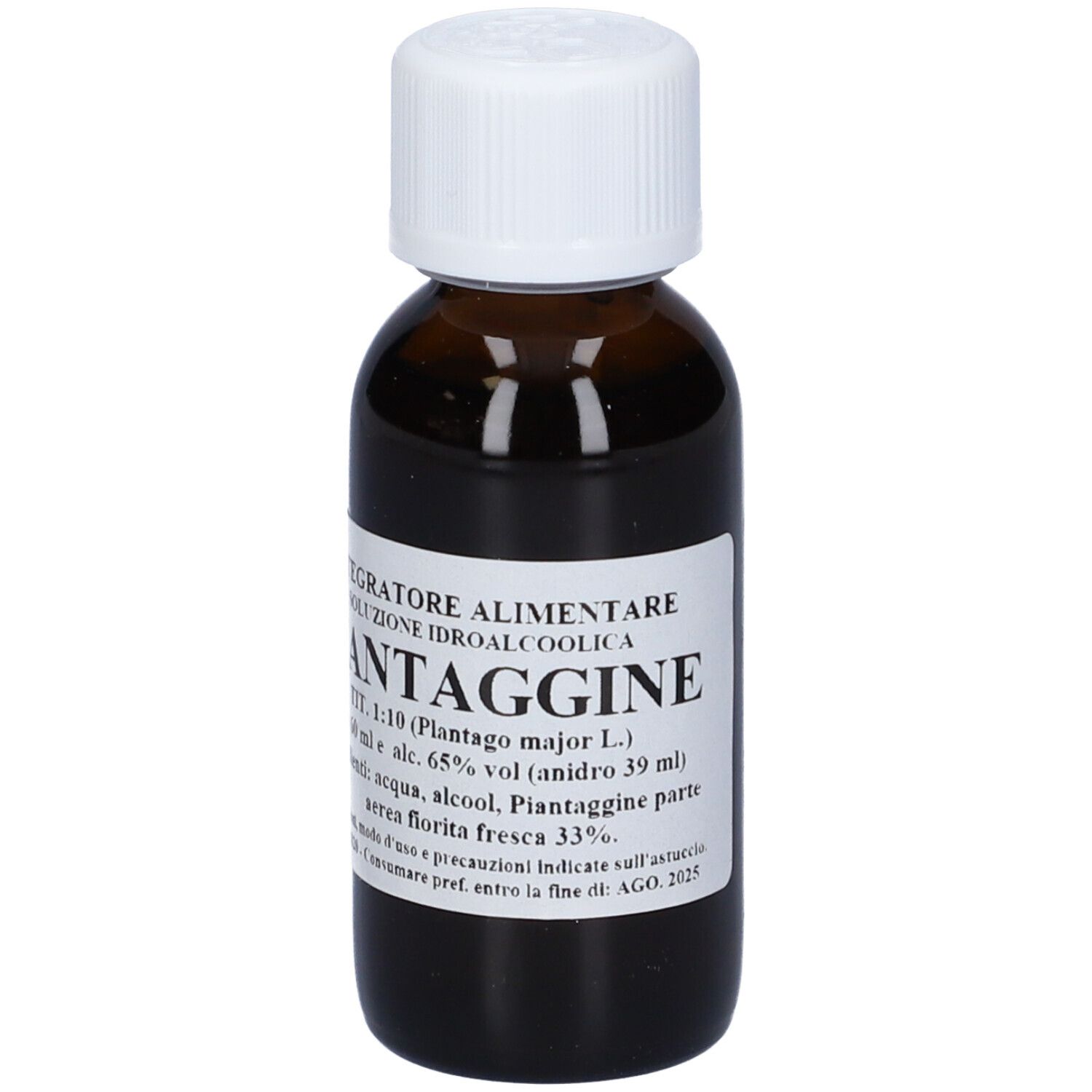 Flacone di vetro marrone con tappo bianco ed etichetta. Scritta: Piantaggine, 60 ml, 65% vol.