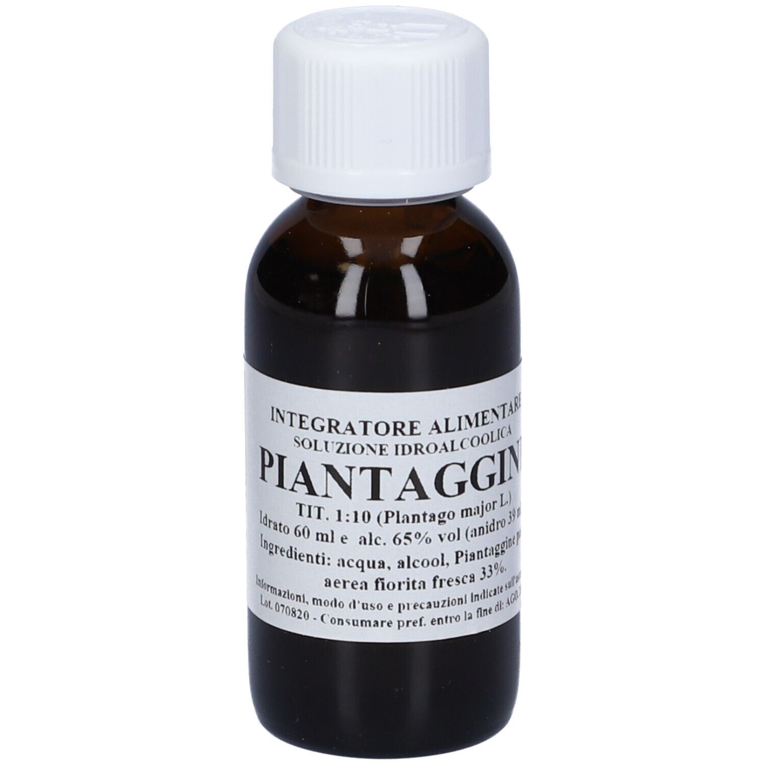 Flacone di vetro marrone con tappo bianco ed etichetta. Scritta: Piantaggine, 60 ml, 65% vol.