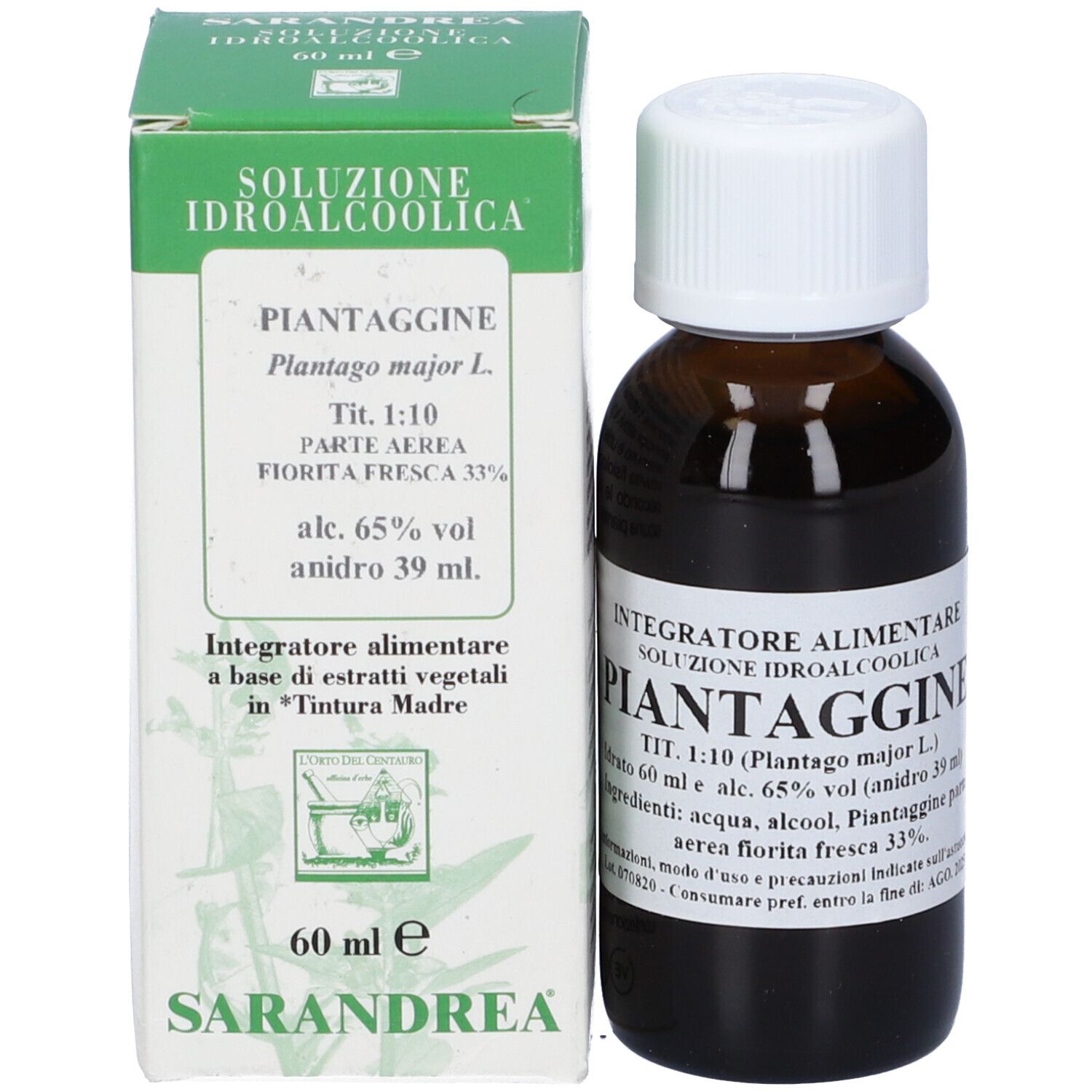 Flacone di vetro marrone con tappo bianco ed etichetta. Scatola verde accanto.