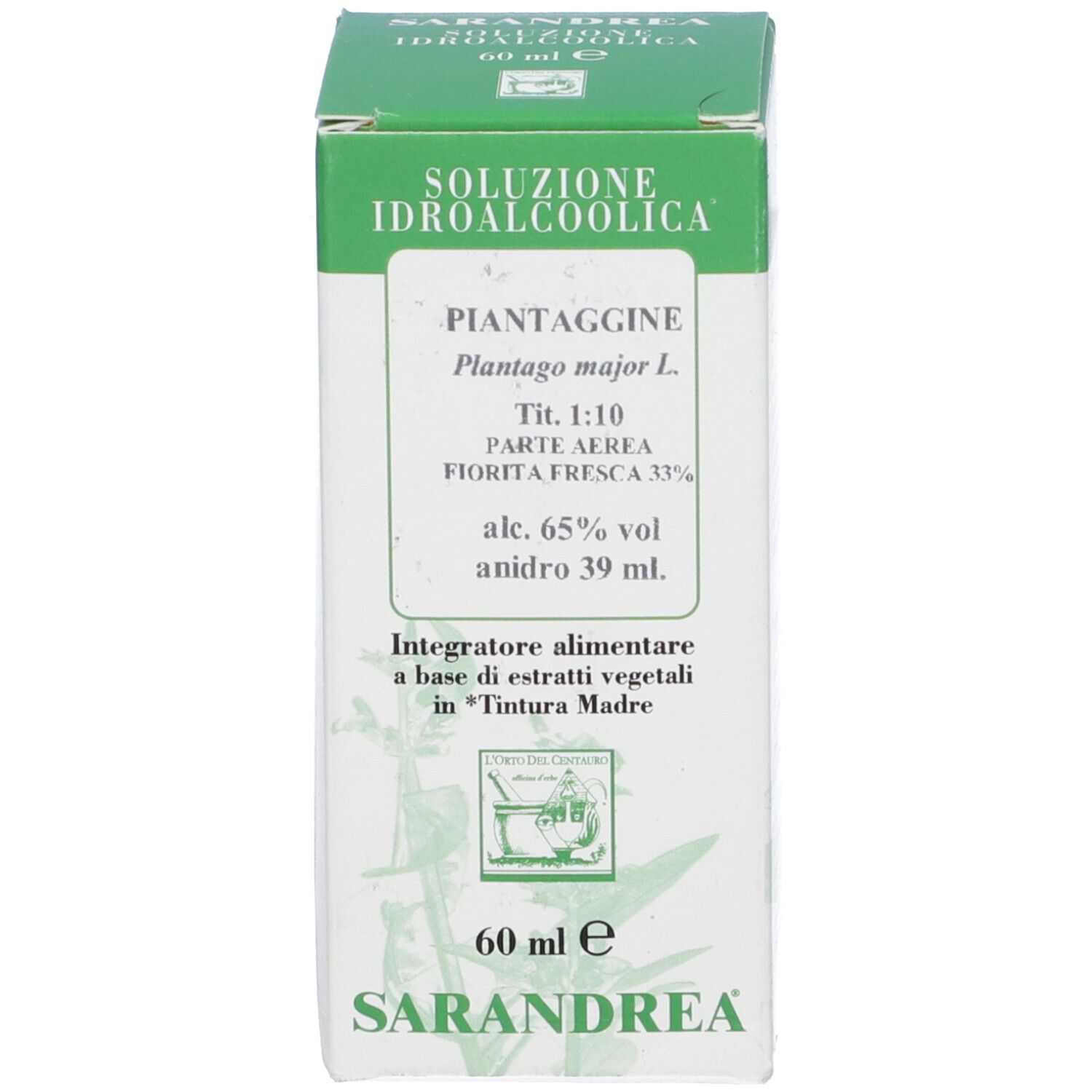 Scatola verde con scritta. Scritta: Piantaggine, 60 ml, 65% vol.
