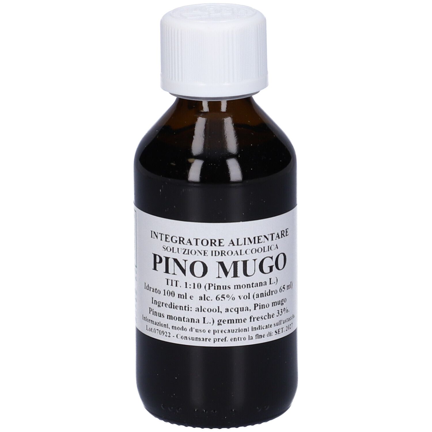 Flacone di vetro marrone con tappo bianco. Etichetta con nome del prodotto e ingredienti.