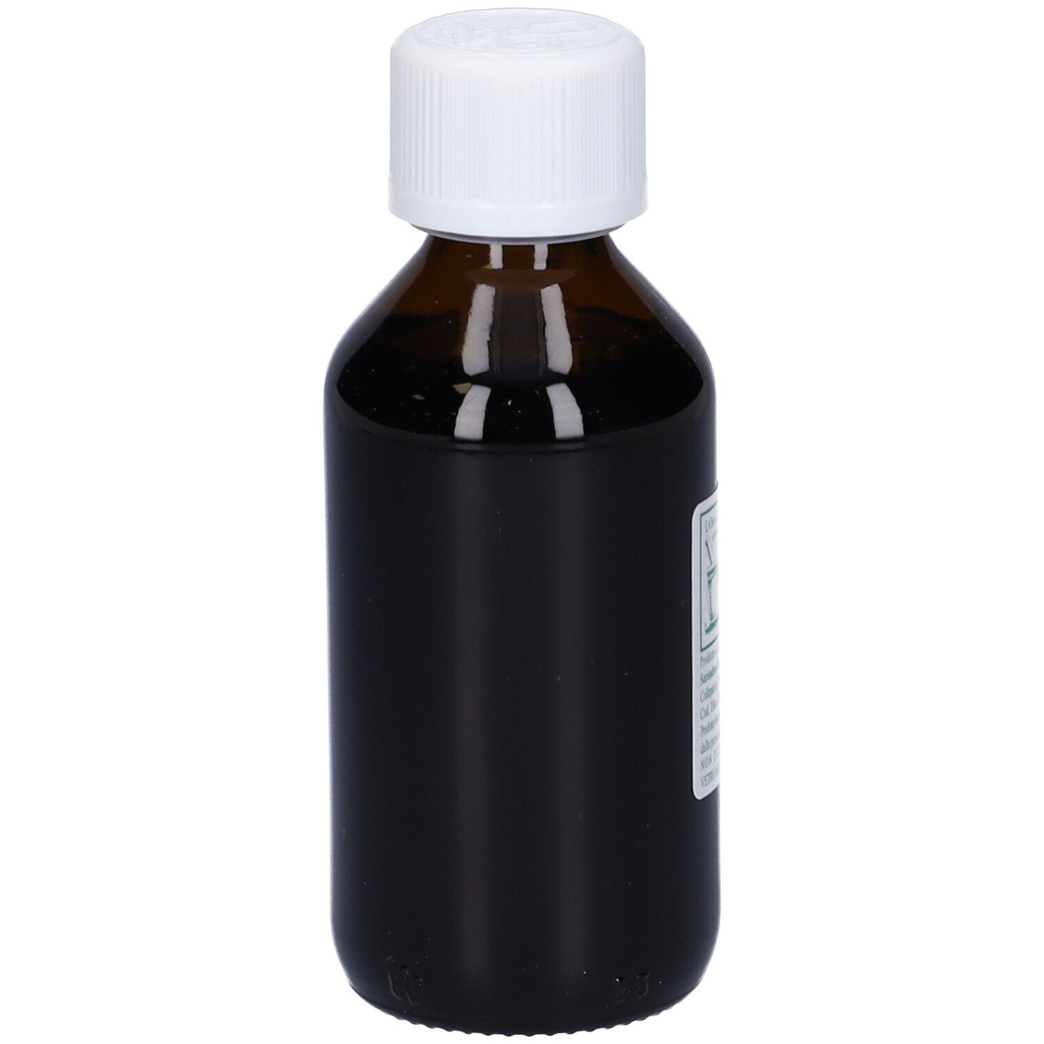 Flacone di vetro marrone con tappo bianco. Etichetta con nome del prodotto e ingredienti.