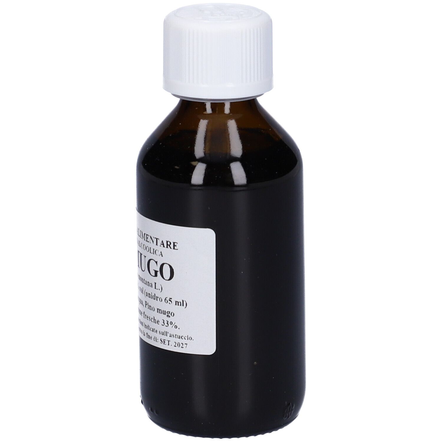 Flacone di vetro marrone con tappo bianco. Etichetta con nome del prodotto e ingredienti.