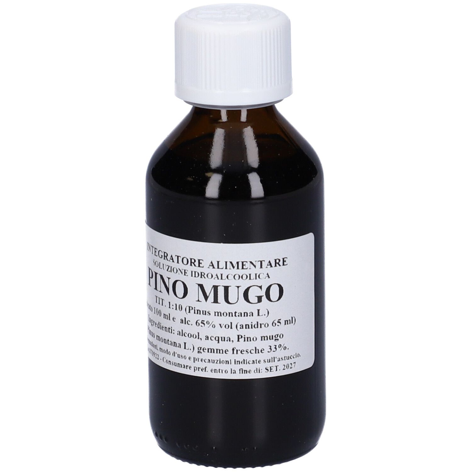 Flacone di vetro marrone con tappo bianco. Etichetta con nome del prodotto e ingredienti.