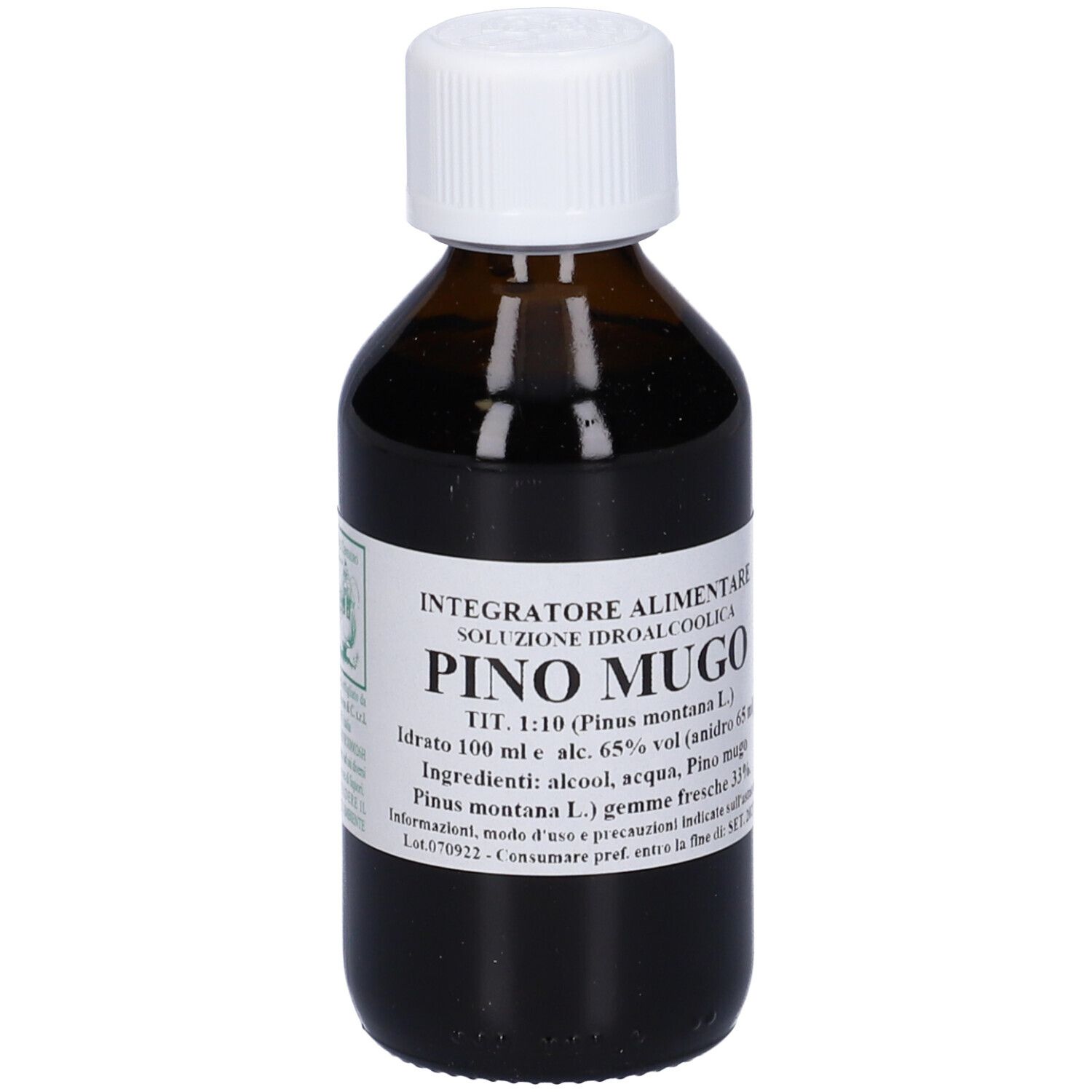 Flacone di vetro marrone con tappo bianco. Etichetta con nome del prodotto e ingredienti.