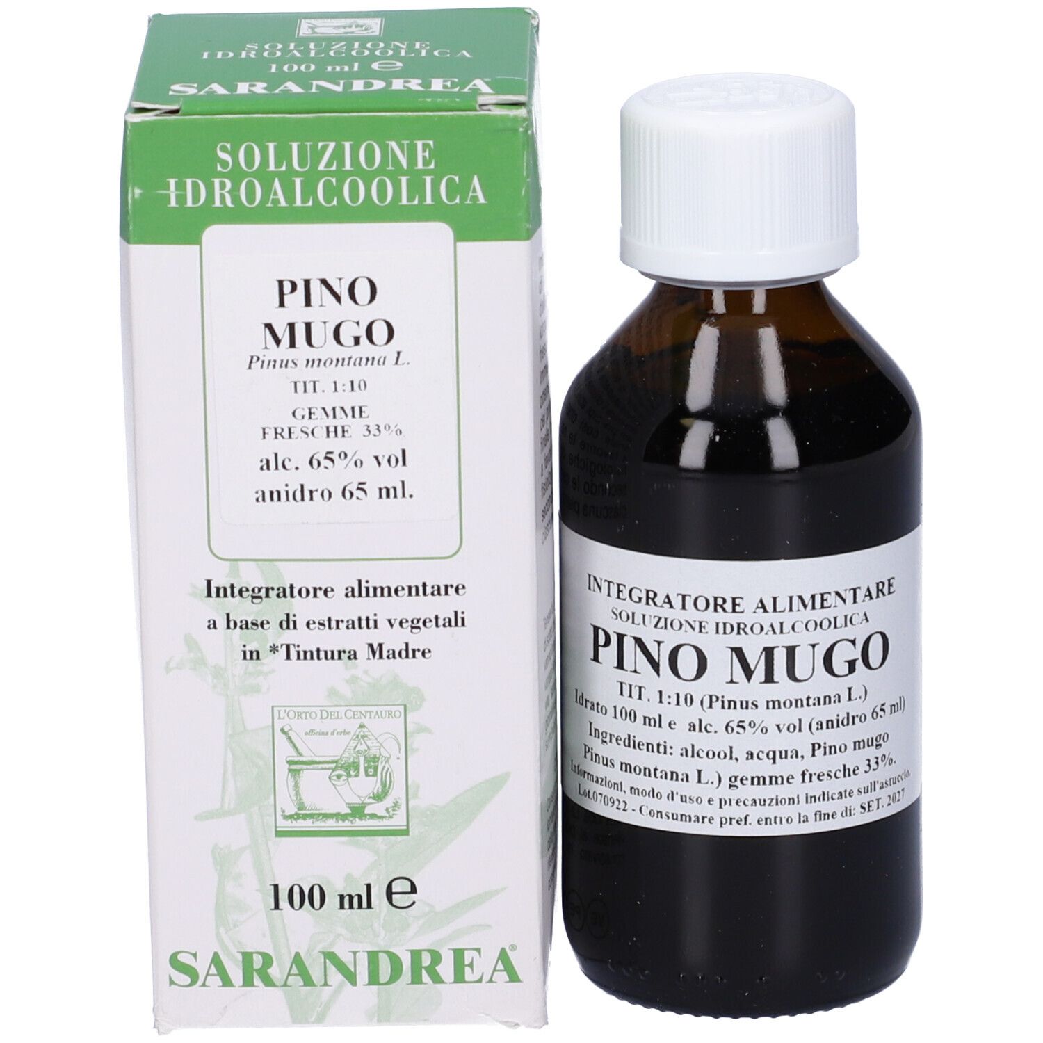 Flacone di vetro marrone con tappo bianco e confezione. Stampa con nome del prodotto e ingredienti.