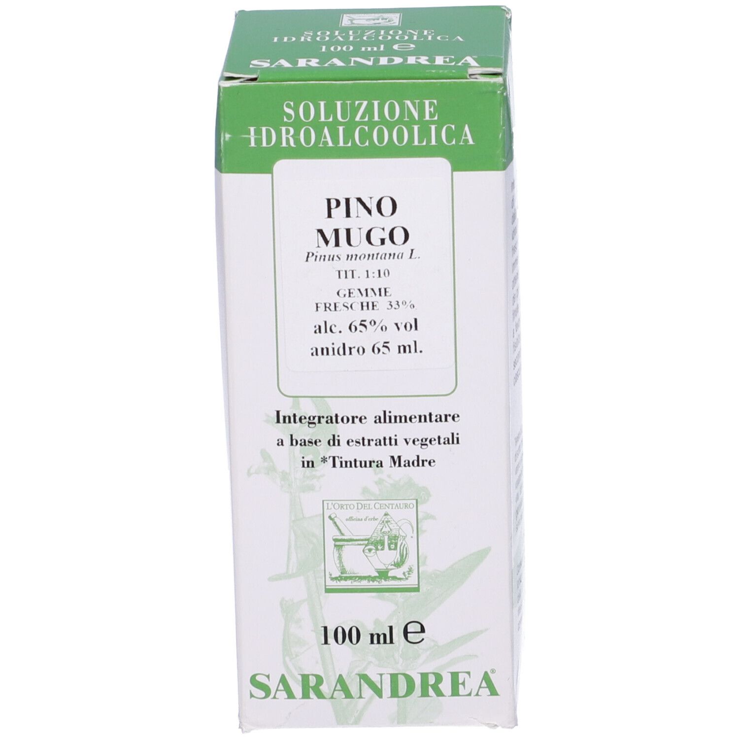 Confezione del prodotto con nome e ingredienti. Colori verde e bianco.