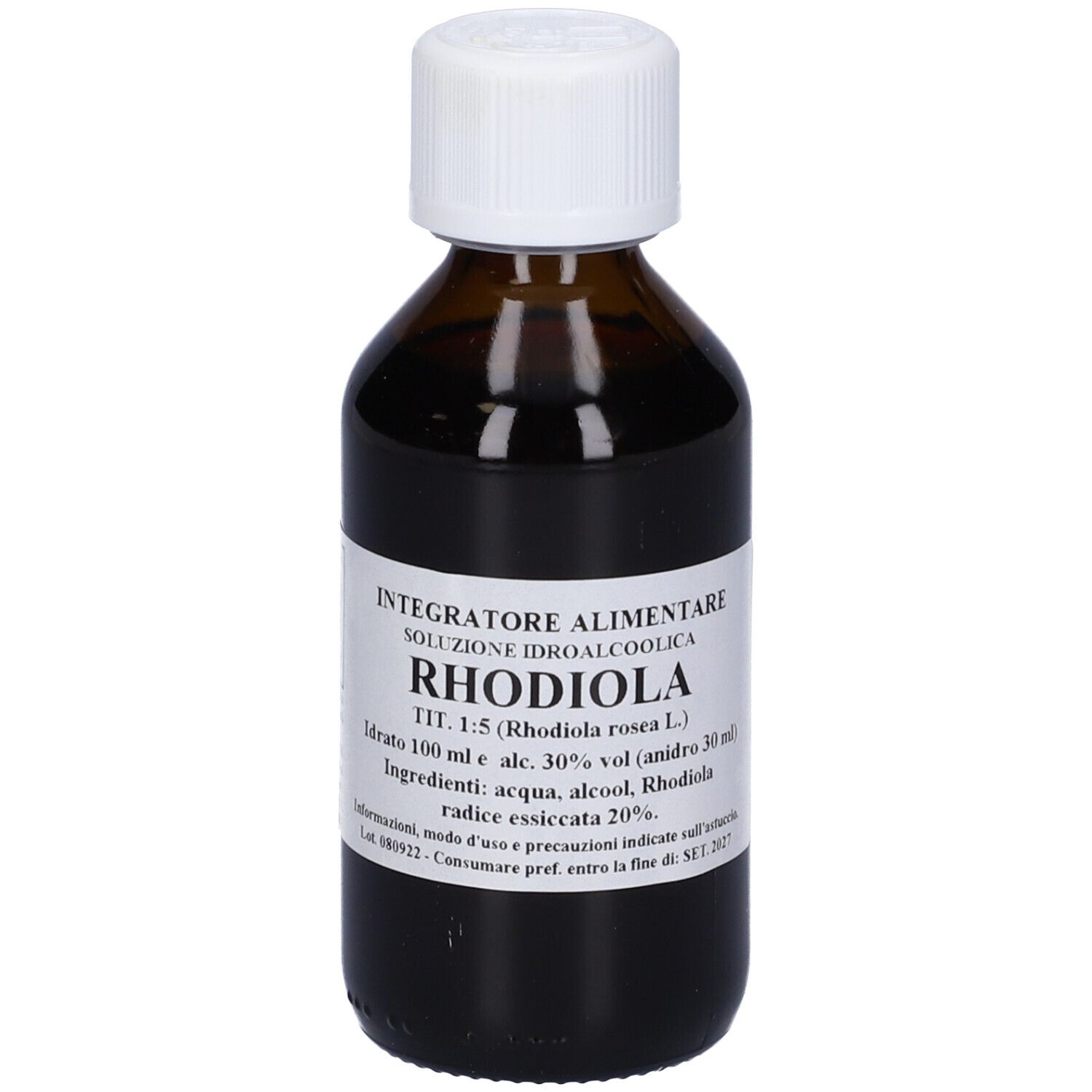 Flacone di vetro marrone con tappo bianco. Scritte: Integratore alimentare, Rhodiola, 100 ml.