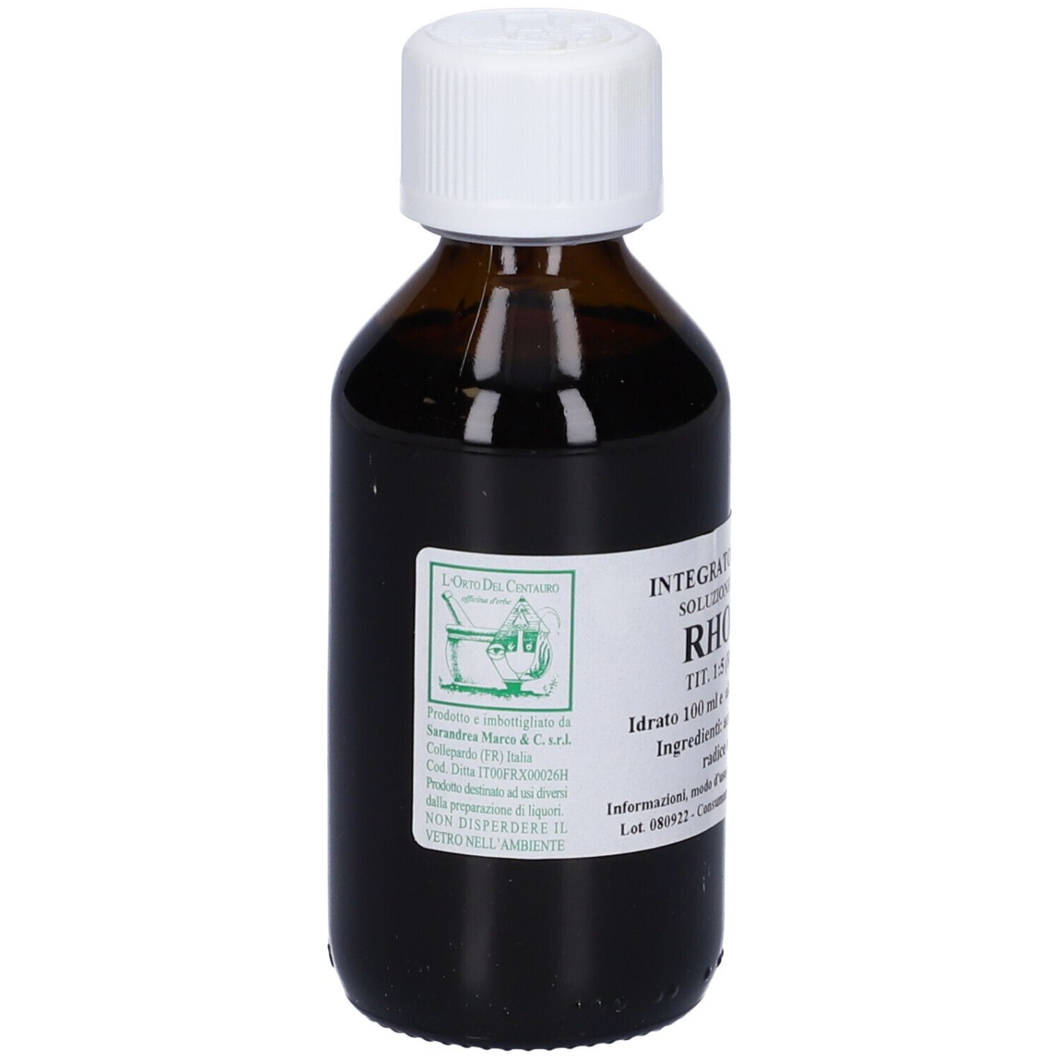 Flacone di vetro marrone con tappo bianco. Scritte: Integratore alimentare, Rhodiola, 100 ml.
