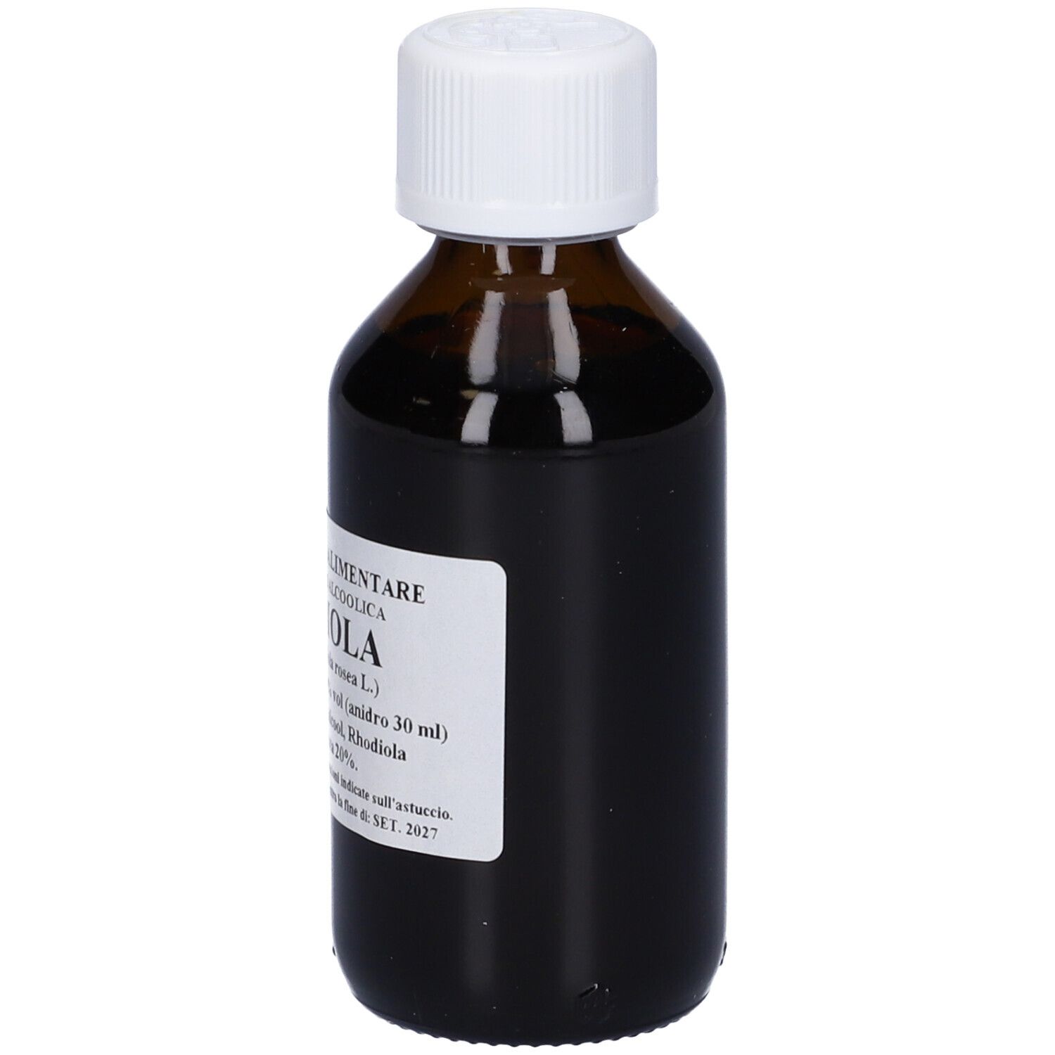 Flacone di vetro marrone con tappo bianco. Scritte: Integratore alimentare, Rhodiola, 100 ml.