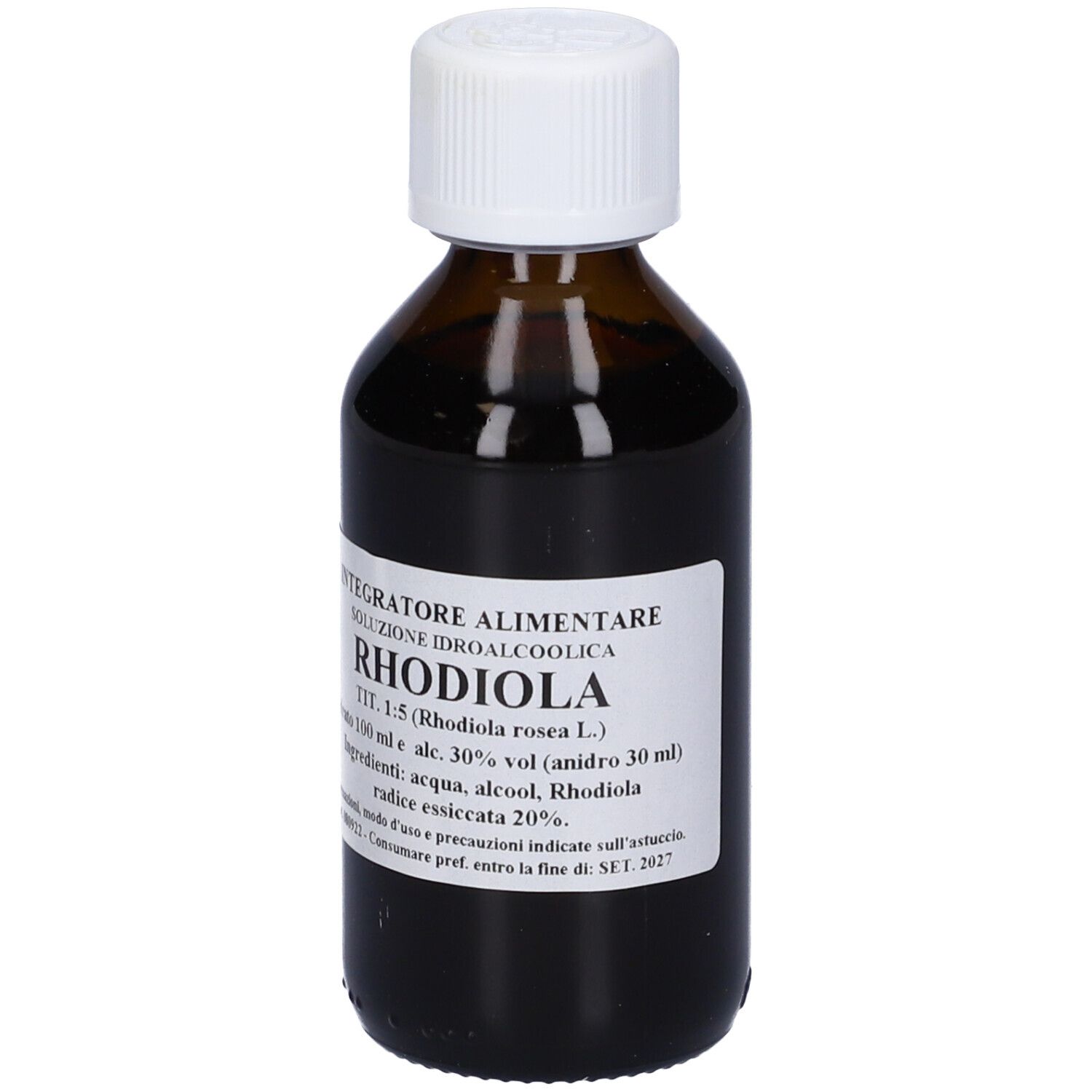 Flacone di vetro marrone con tappo bianco. Scritte: Integratore alimentare, Rhodiola, 100 ml.