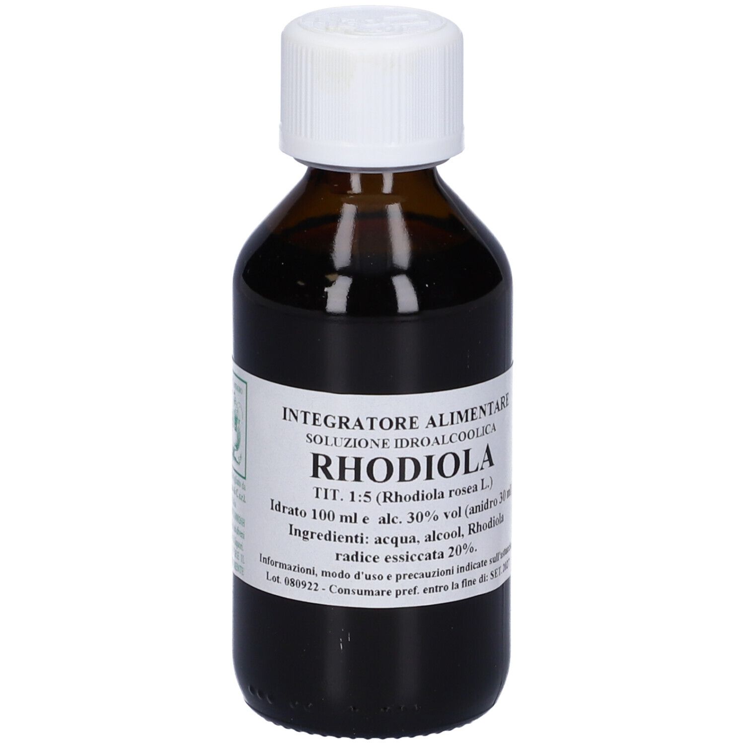 Flacone di vetro marrone con tappo bianco. Scritte: Integratore alimentare, Rhodiola, 100 ml.