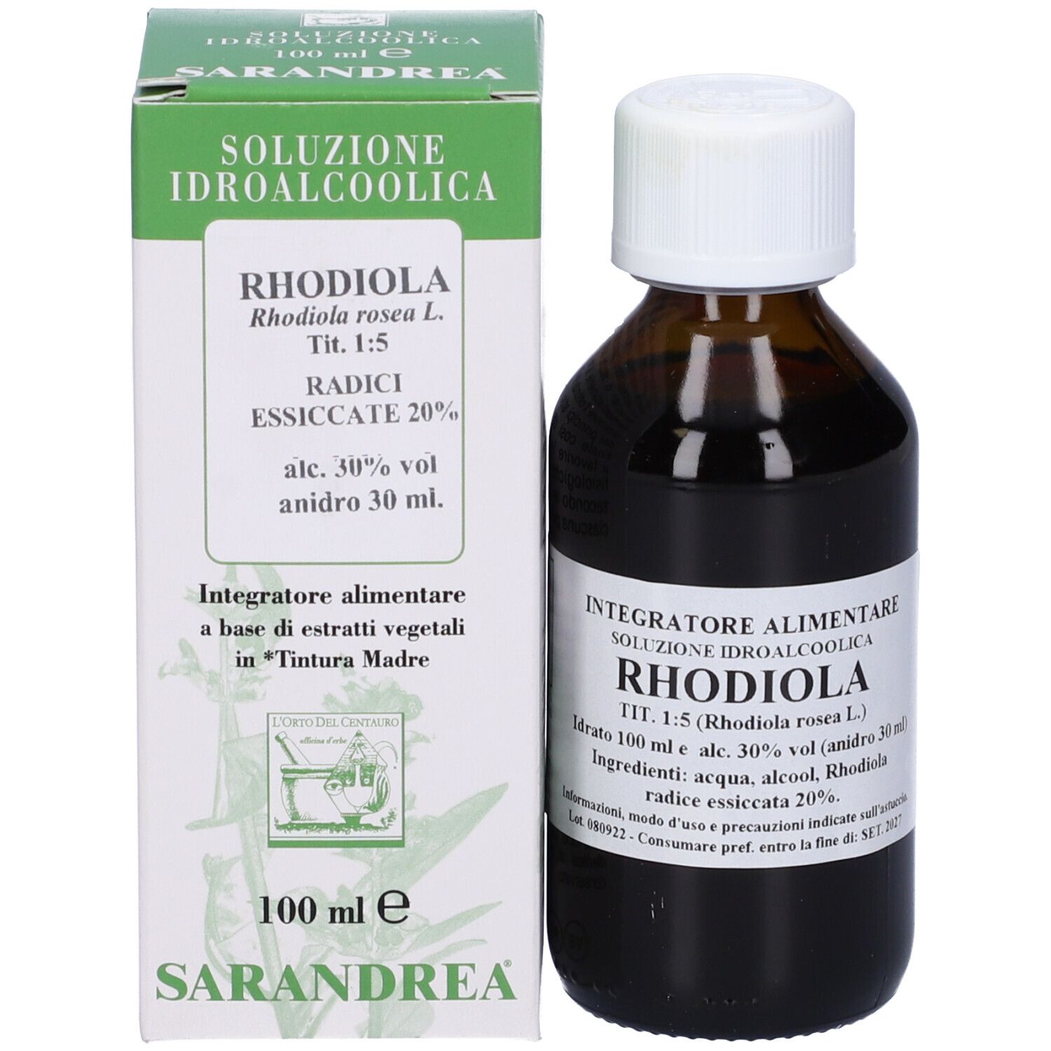 Flacone di vetro marrone con tappo bianco e confezione. Scritte: Rhodiola, 100 ml, Sarandrea.