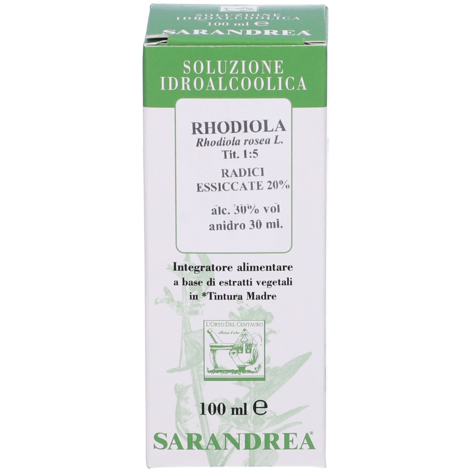 Confezione del prodotto. Scritte: Rhodiola, 100 ml, Sarandrea.