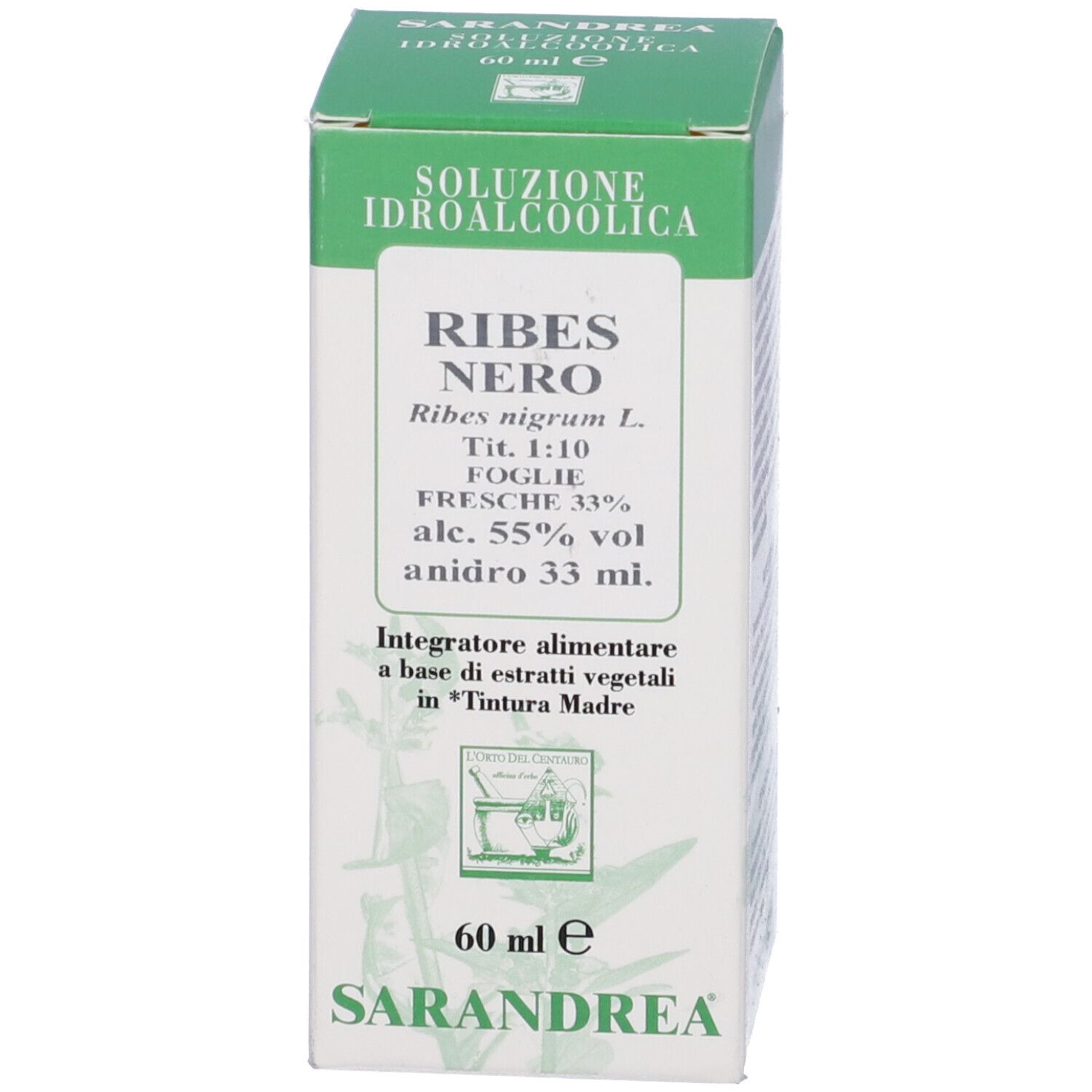 Scatola verde con nome del prodotto e informazioni. Sfondo bianco.