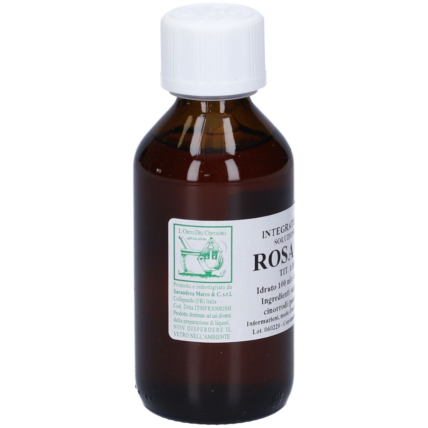 Flacone di vetro marrone con tappo bianco. Etichetta con testo: Rosa Canina. Liquido visibile.