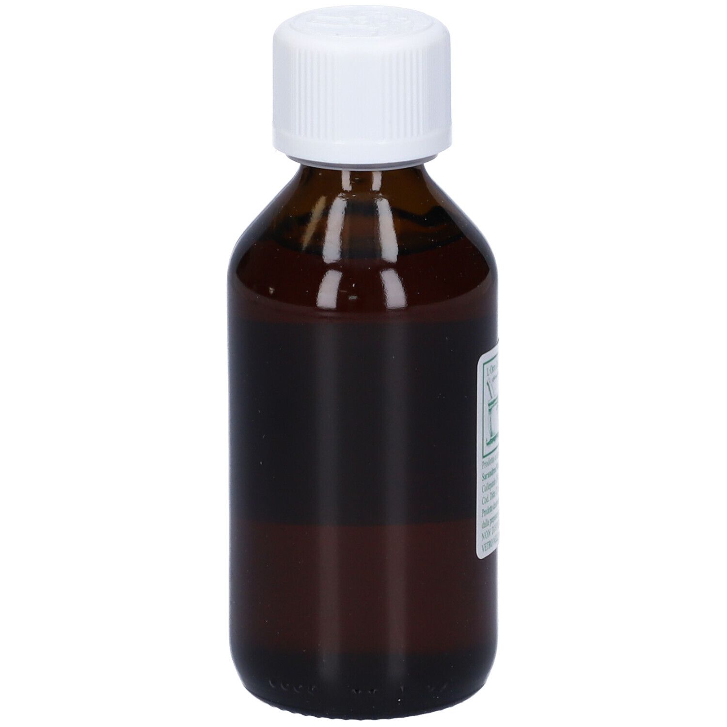 Flacone di vetro marrone con tappo bianco. Etichetta con testo: Rosa Canina. Liquido visibile.