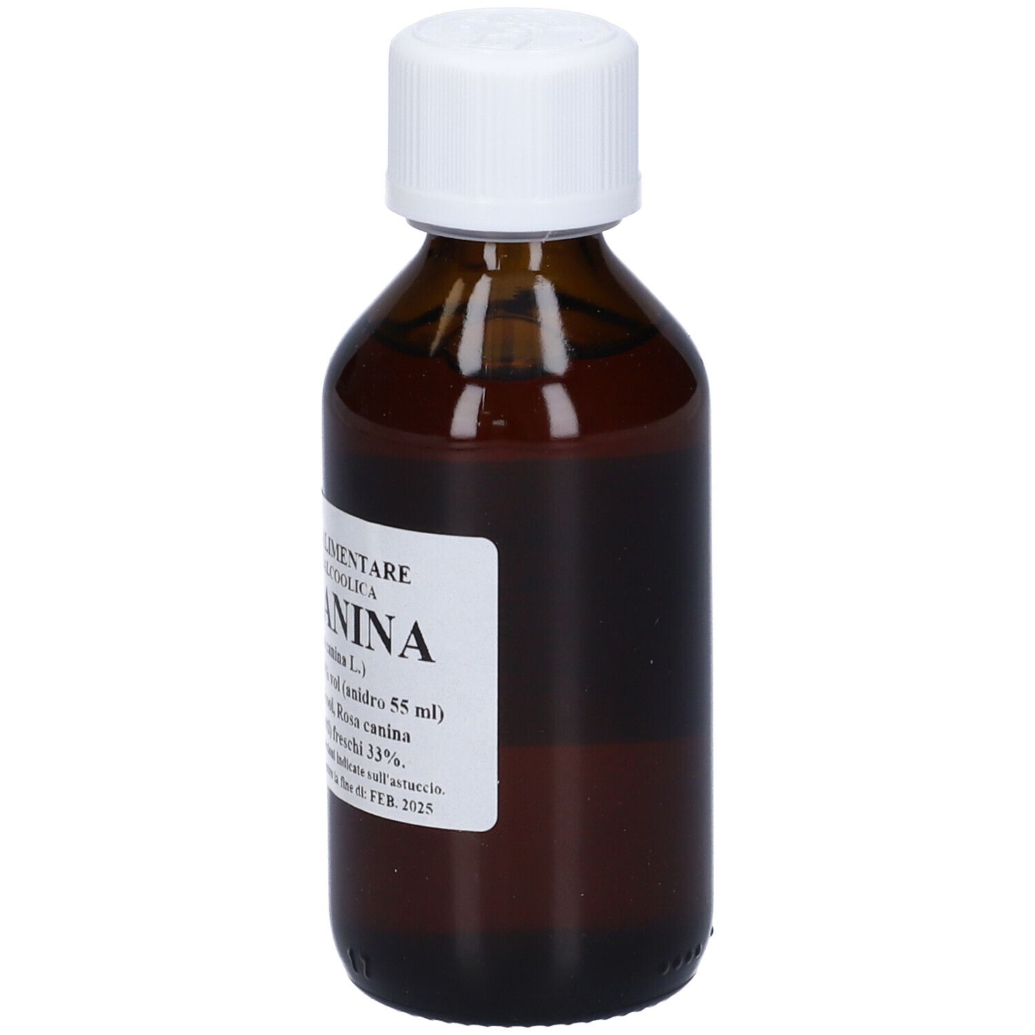 Flacone di vetro marrone con tappo bianco. Etichetta con testo: Rosa Canina. Liquido visibile.