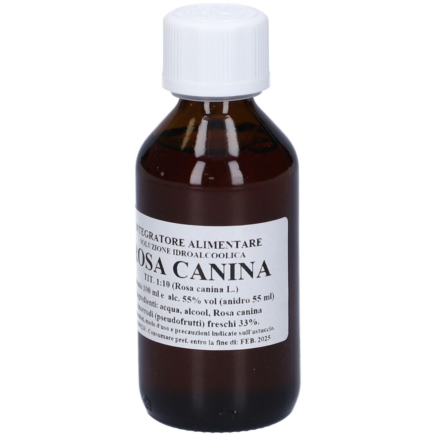Flacone di vetro marrone con tappo bianco. Etichetta con testo: Rosa Canina. Liquido visibile.