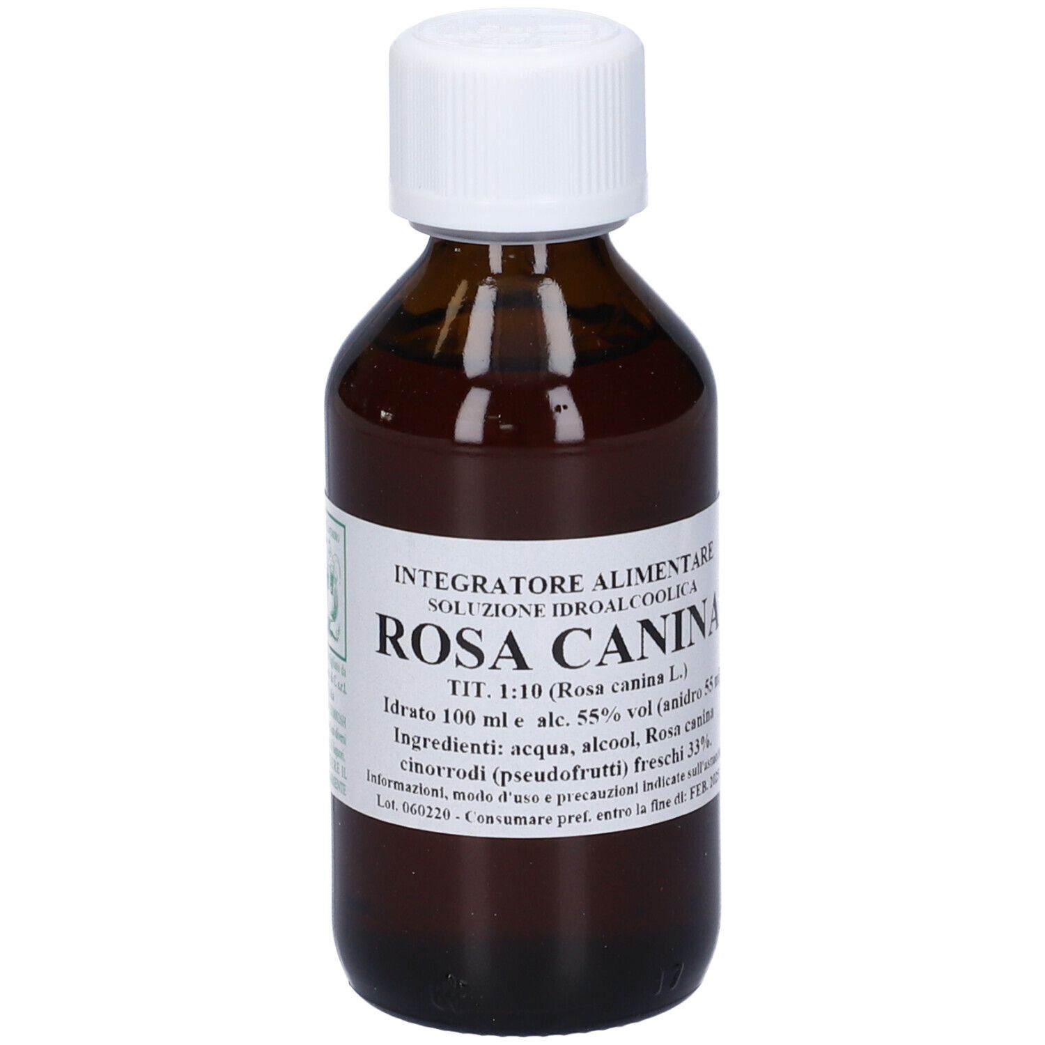 Flacone di vetro marrone con tappo bianco. Etichetta con testo: Rosa Canina. Liquido visibile.