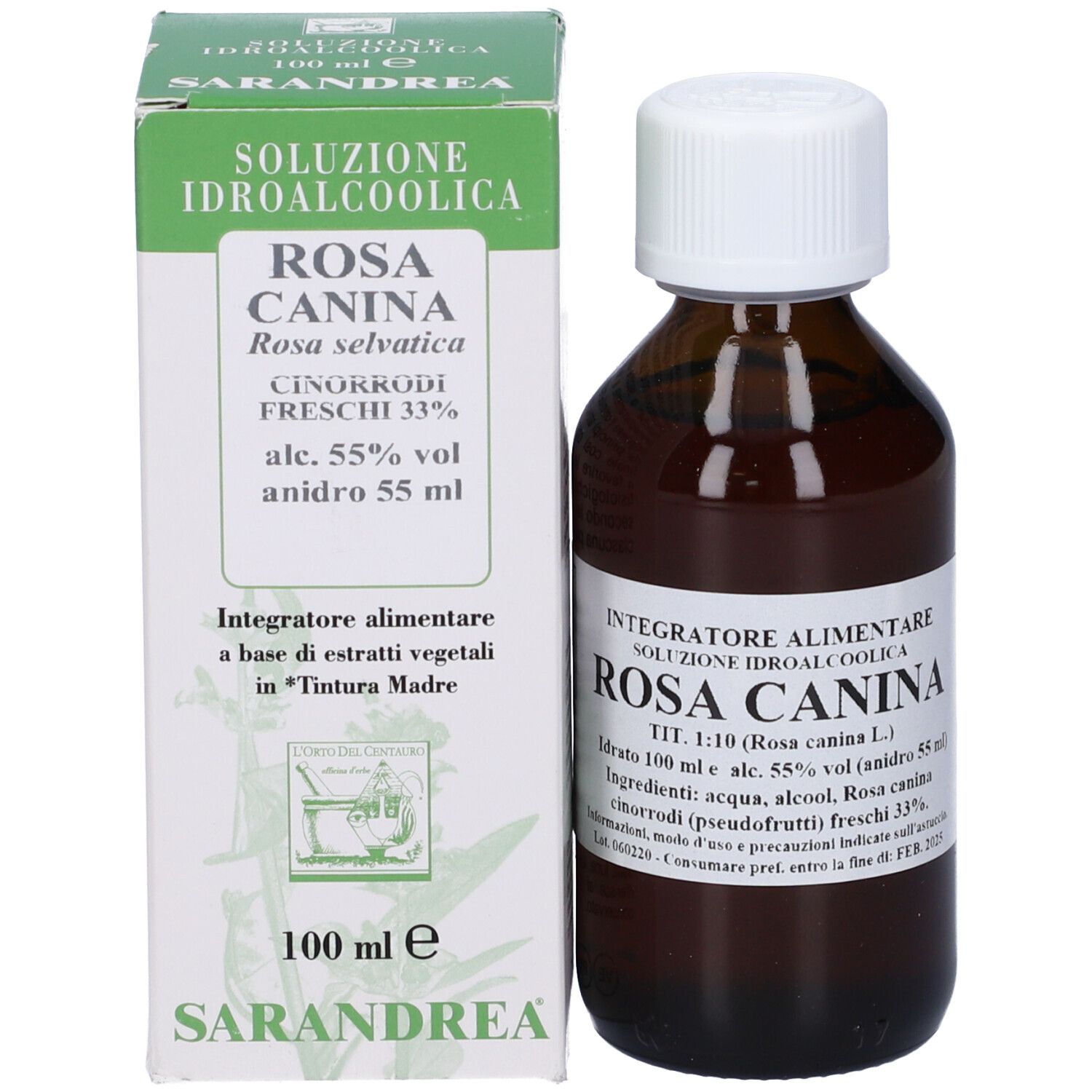 Flacone di vetro marrone con tappo bianco e scatola. Scatola con testo: Rosa Canina. Liquido visibile.