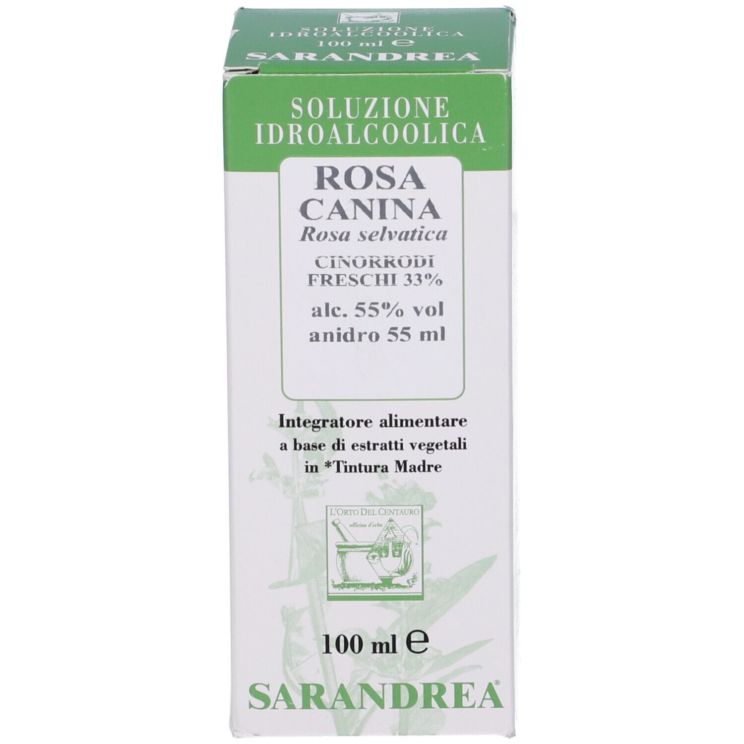 Scatola con testo: Rosa Canina. Colori verde e bianco. Logo e informazioni sul prodotto.