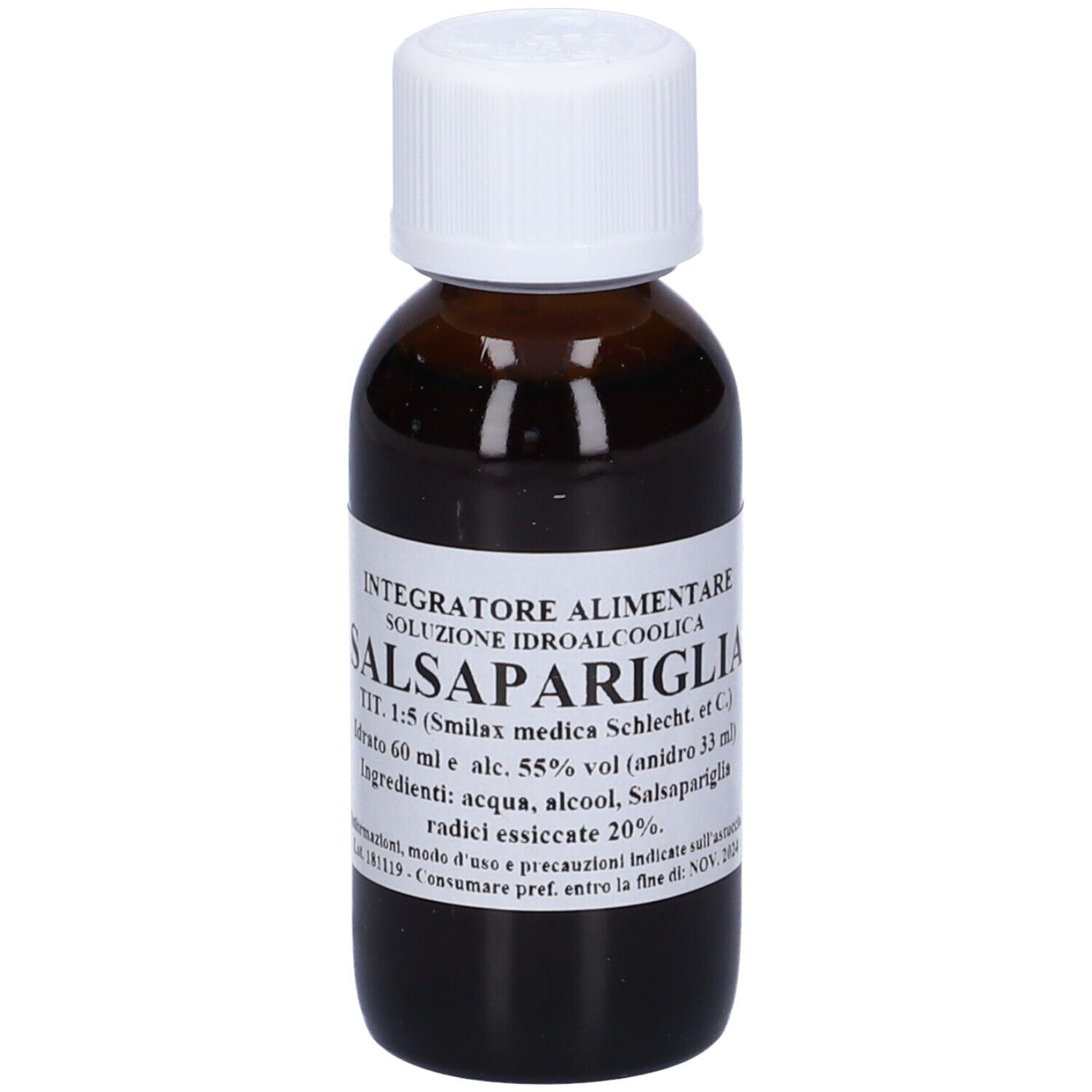 Flacone di vetro marrone con tappo bianco ed etichetta. L'etichetta riporta 'Salsapariglia'.