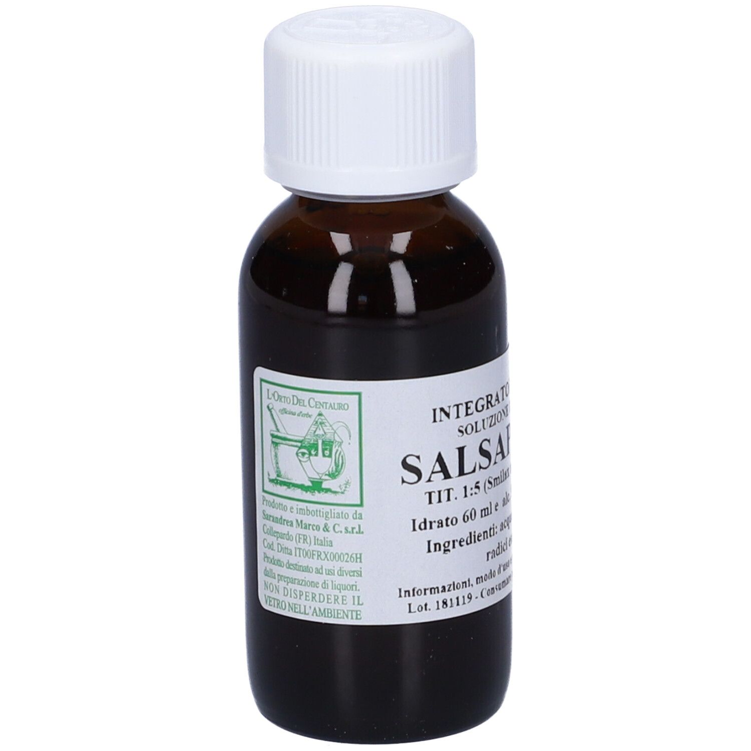 Flacone di vetro marrone con tappo bianco ed etichetta. L'etichetta riporta 'Salsapariglia'.