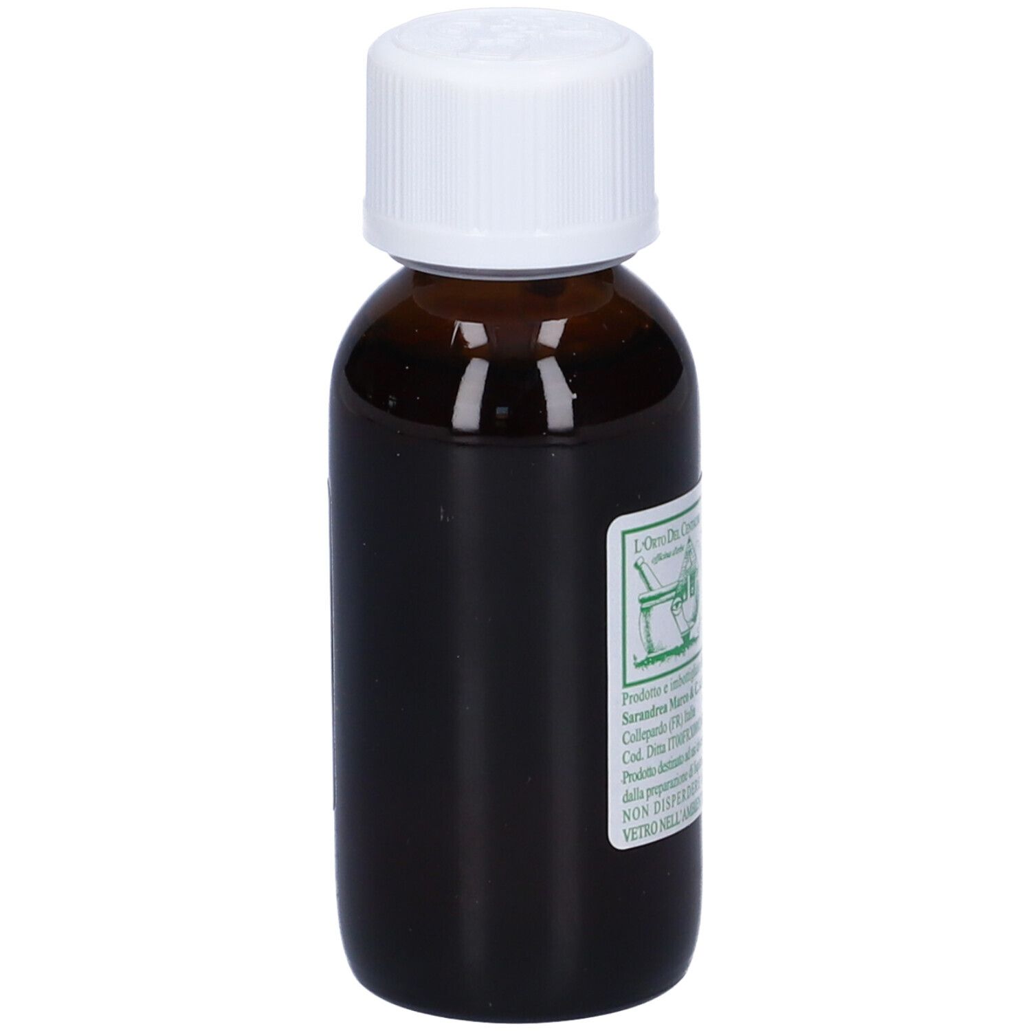 Flacone di vetro marrone con tappo bianco ed etichetta. L'etichetta riporta 'Salsapariglia'.