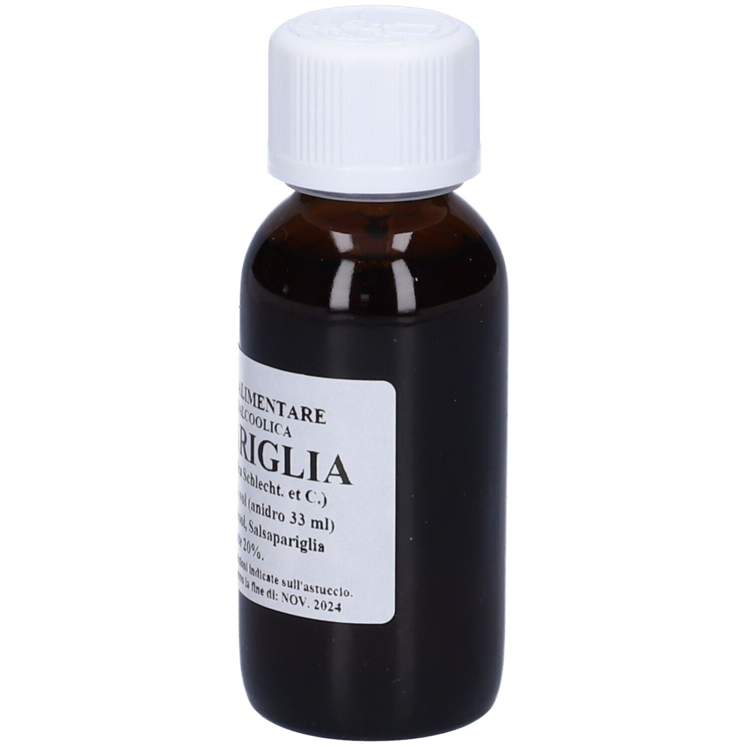 Flacone di vetro marrone con tappo bianco ed etichetta. L'etichetta riporta 'Salsapariglia'.