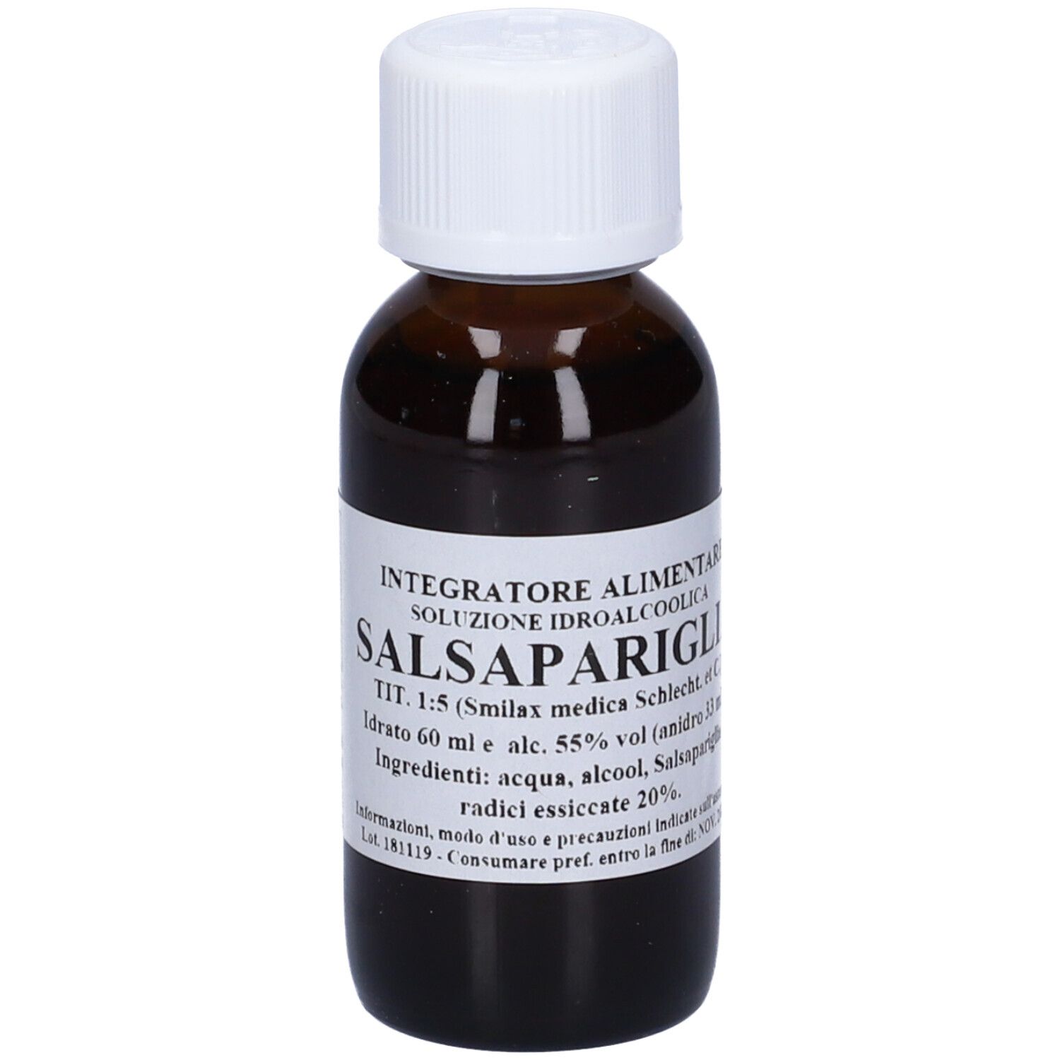 Flacone di vetro marrone con tappo bianco ed etichetta. L'etichetta riporta 'Salsapariglia'.