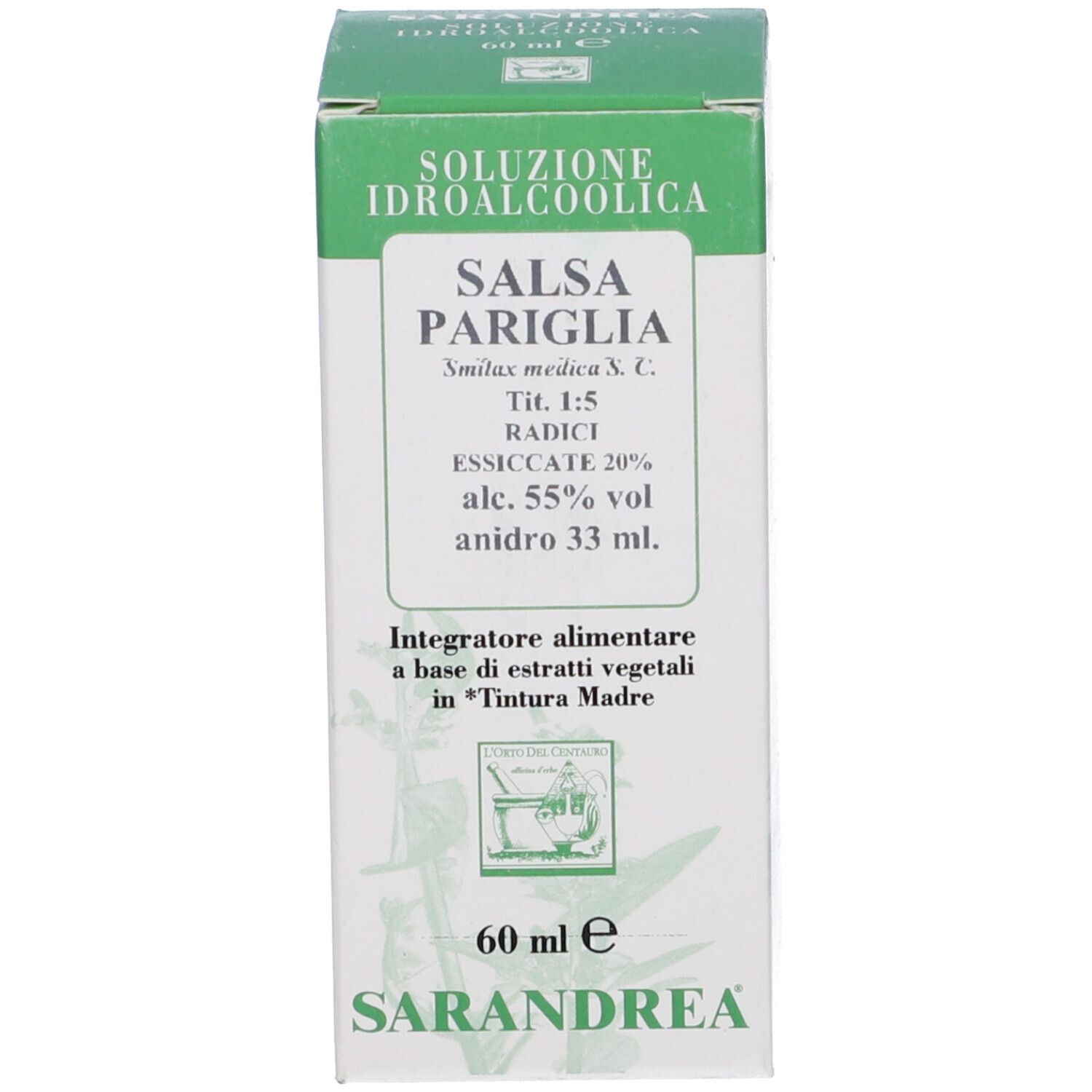 Scatola verde e bianca con testo. La scatola riporta 'Salsapariglia'.