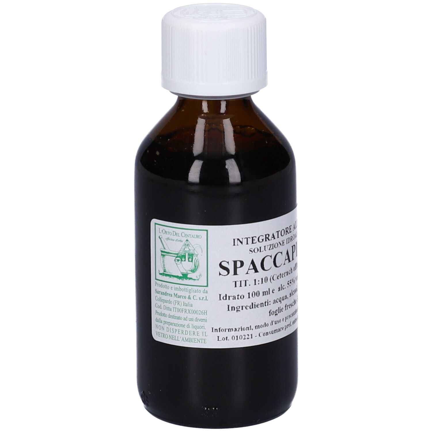 Flacone di vetro marrone con tappo bianco ed etichetta. Testo: Spaccapietra, Idraz 100 ml.