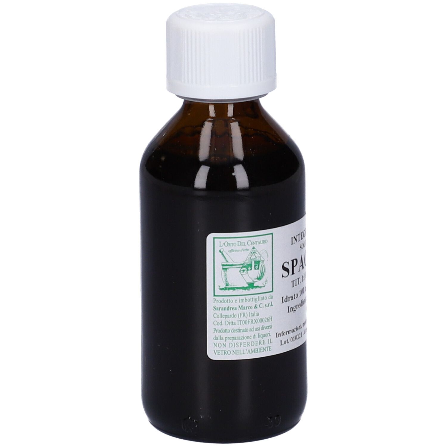 Flacone di vetro marrone con tappo bianco ed etichetta. Testo: Spaccapietra, Idraz 100 ml.